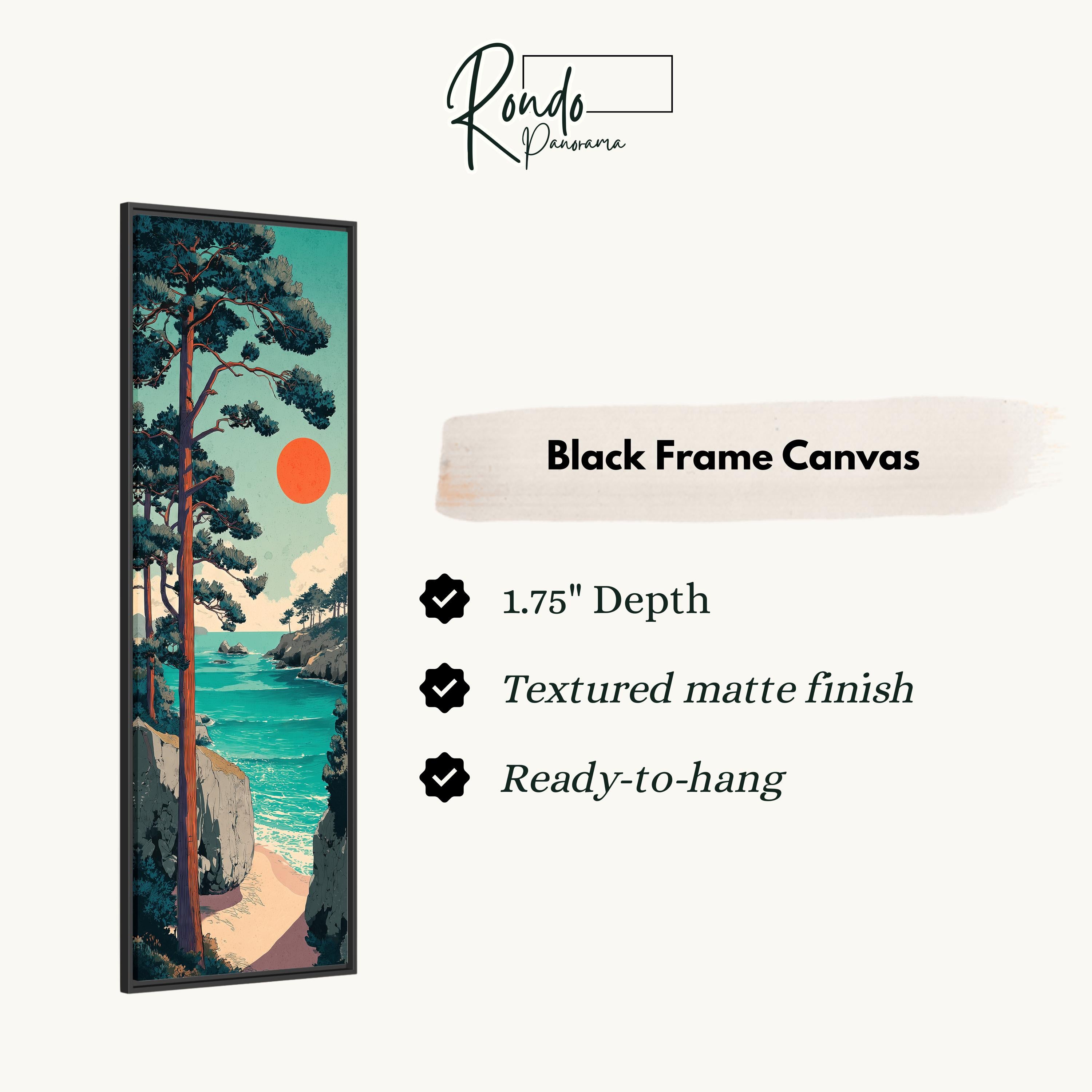 The image is a black frame canvas depicting a serene landscape with a tree, a body of water, and a sunset.