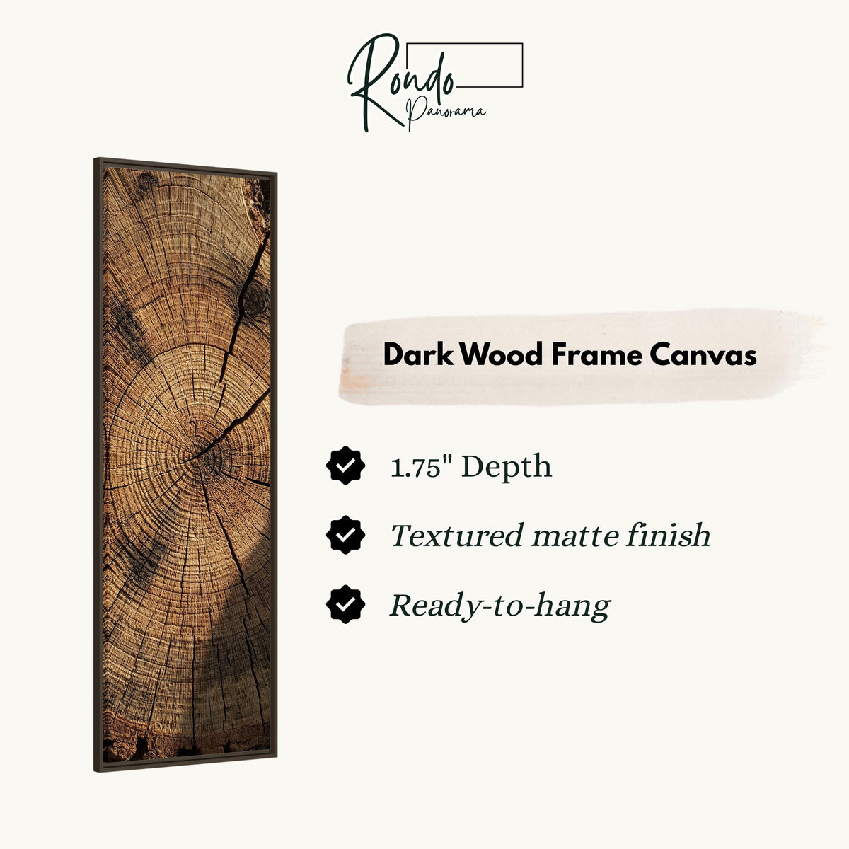 Weathered tree rings canvas print in a dark wood floating frame