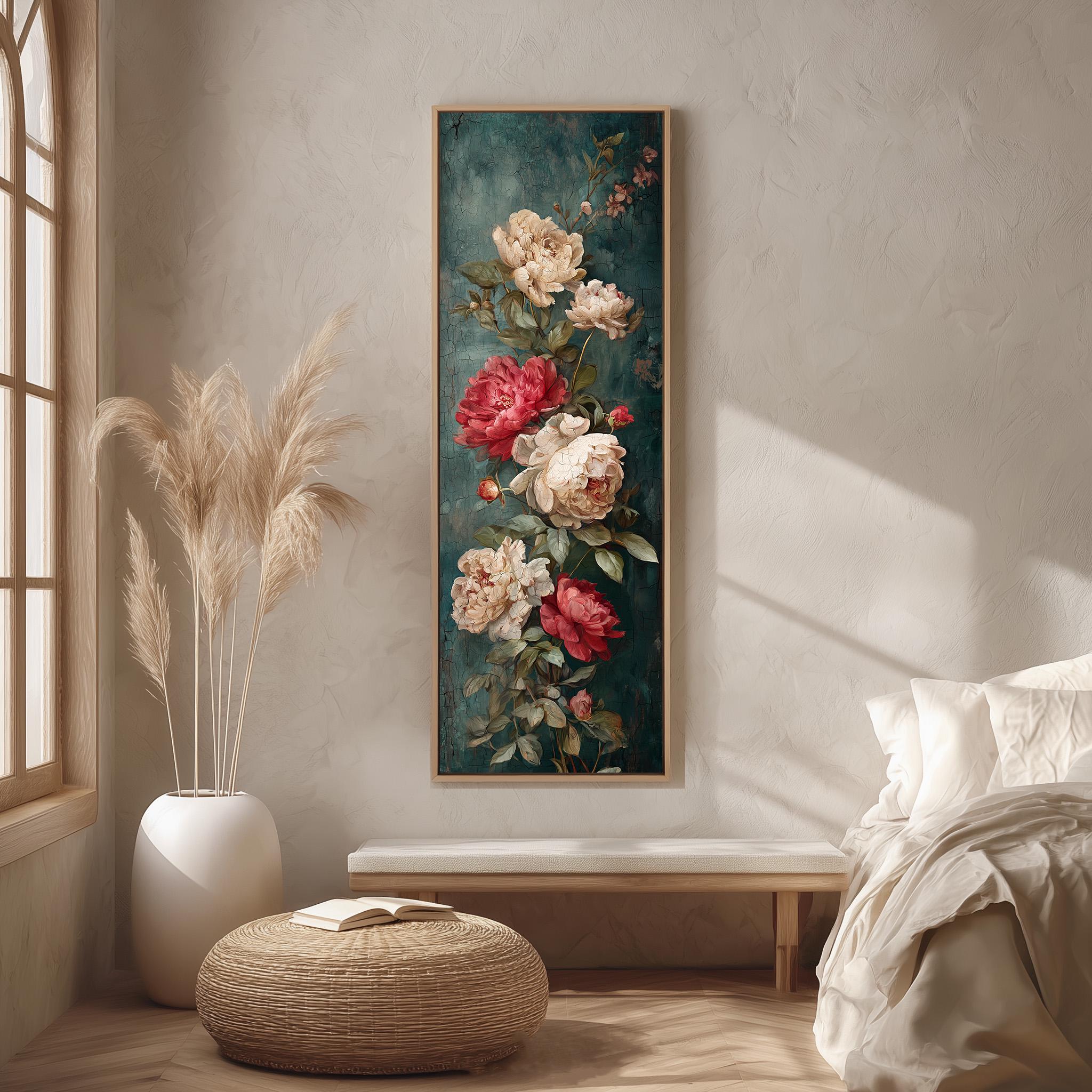 a large floral painting hanging on a wall, with a bed and a window in the background.