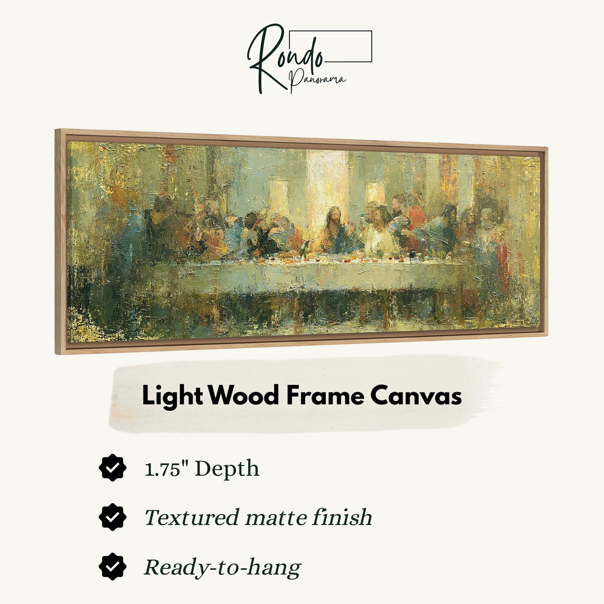 The Last Supper in golden impasto texture canvas print in a light wood floating frame