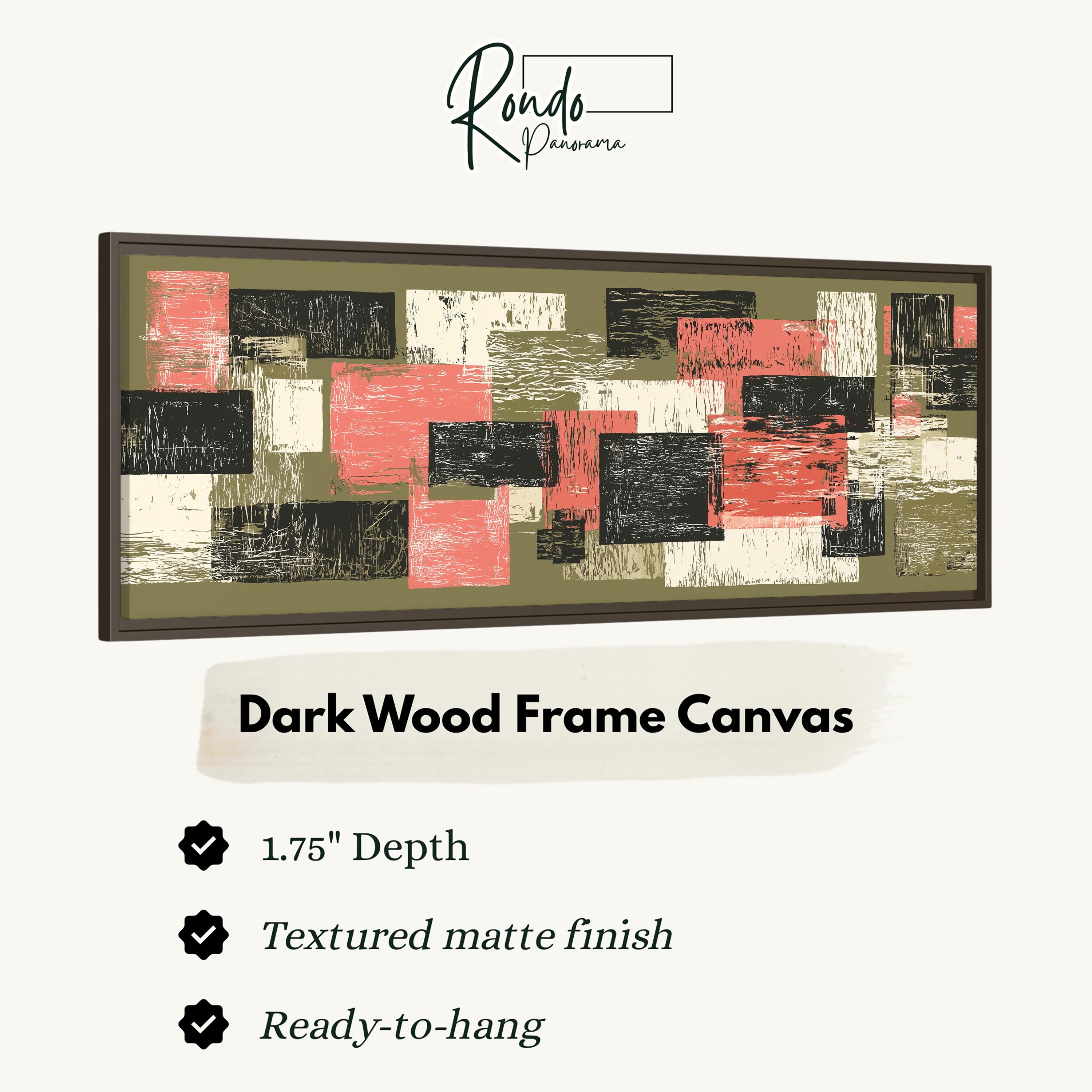 The image is a framed artwork with a dark wood frame. The artwork is a canvas with a textured finish and a 1.75" depth. The artwork is ready to hang.