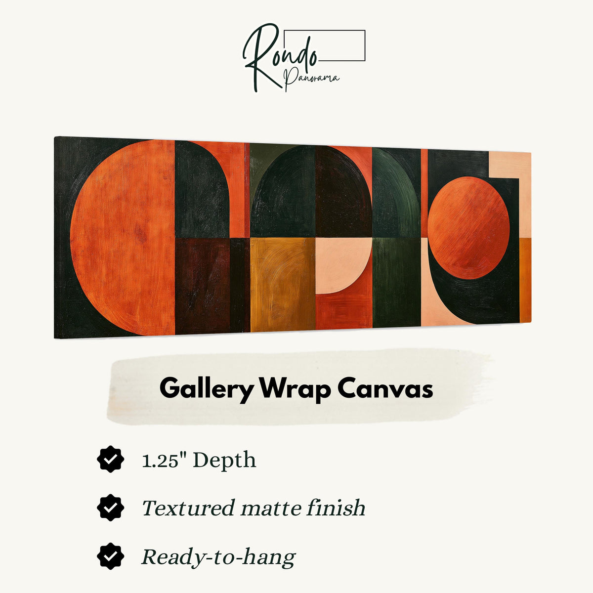 Orange circles and arches on forest green gallery wrap canvas with the image wrapped around the edges