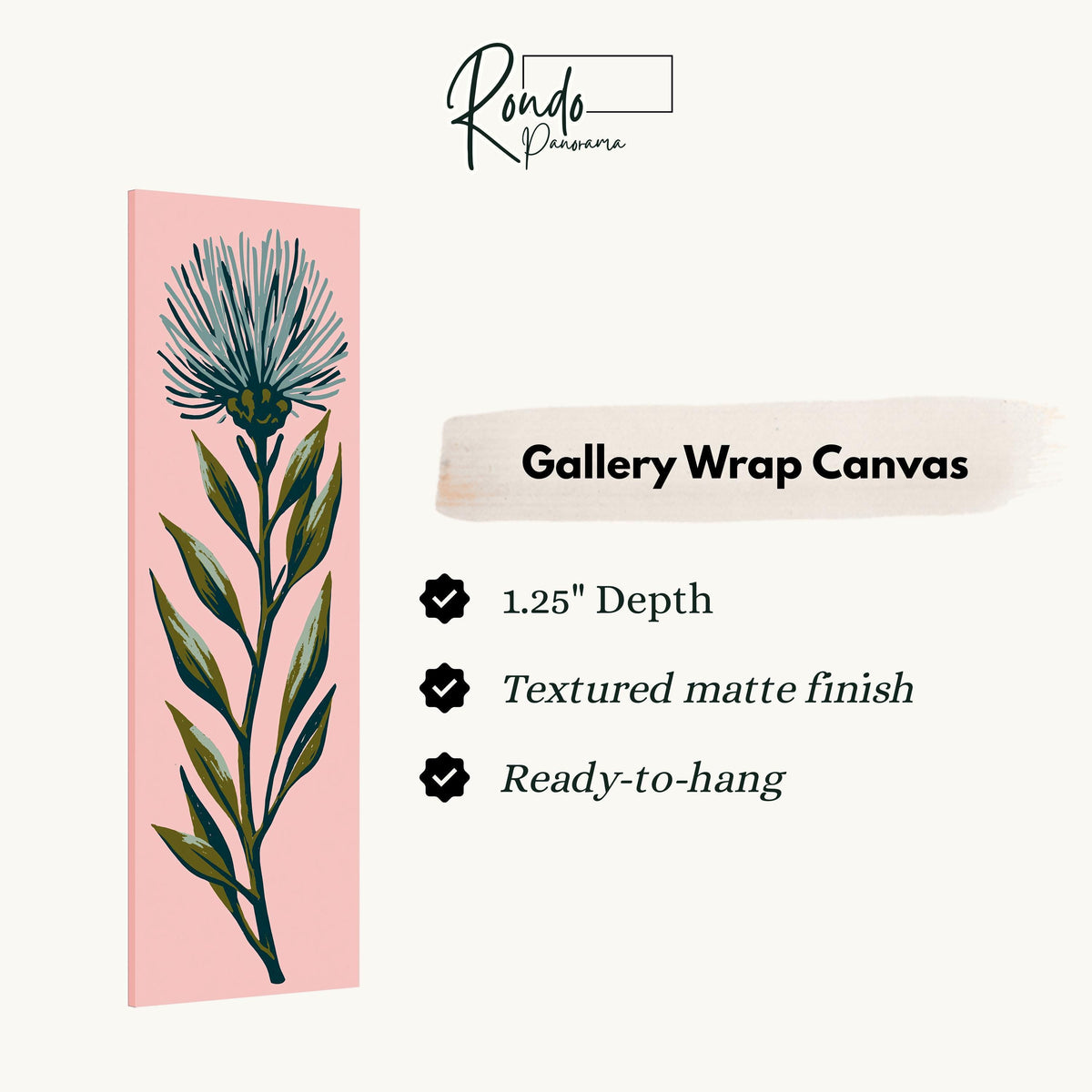 Blue thistle flower on blush pink gallery wrap canvas with the image wrapped around the edges