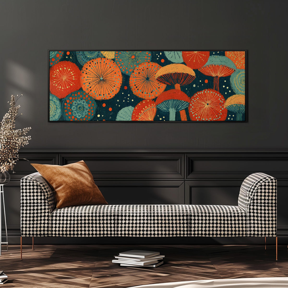 Orange and teal mushroom starburst wide panoramic canvas print above a bench in a dark living room
