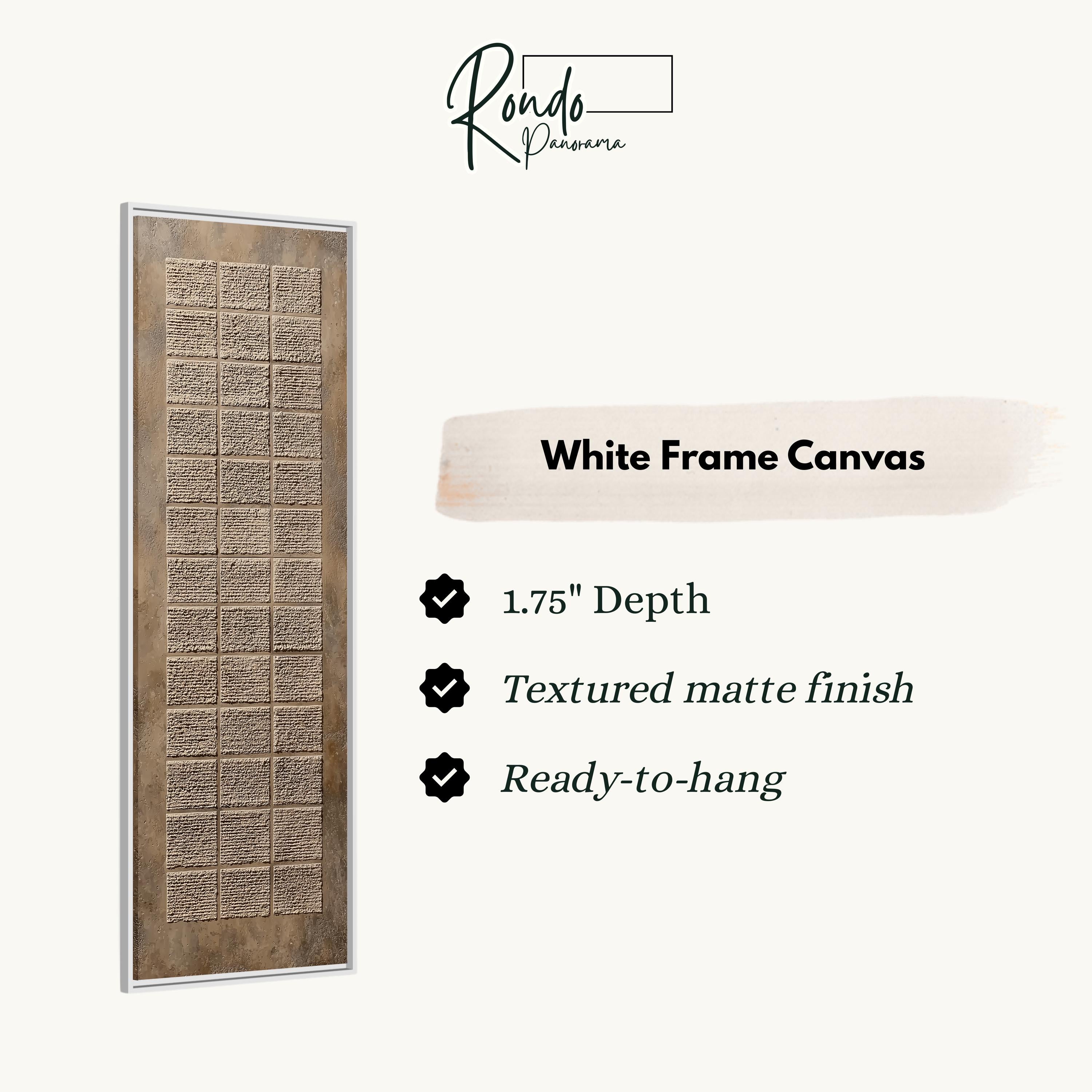 The image is a product advertisement for a white frame canvas. It features a close-up of a wooden frame with a textured finish, and provides details about the product, including its dimensions, finish, and hanging capabilities.