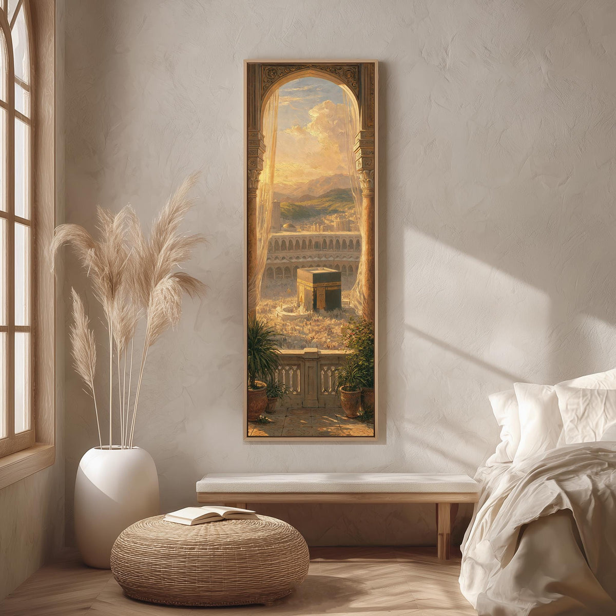 The Kaaba seen through a golden arch at sunset long vertical canvas print in a bright reading corner