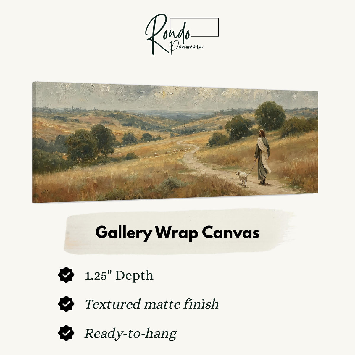 Jesus walking with a sheep on a golden hillside gallery wrap canvas with the image wrapped around the edges