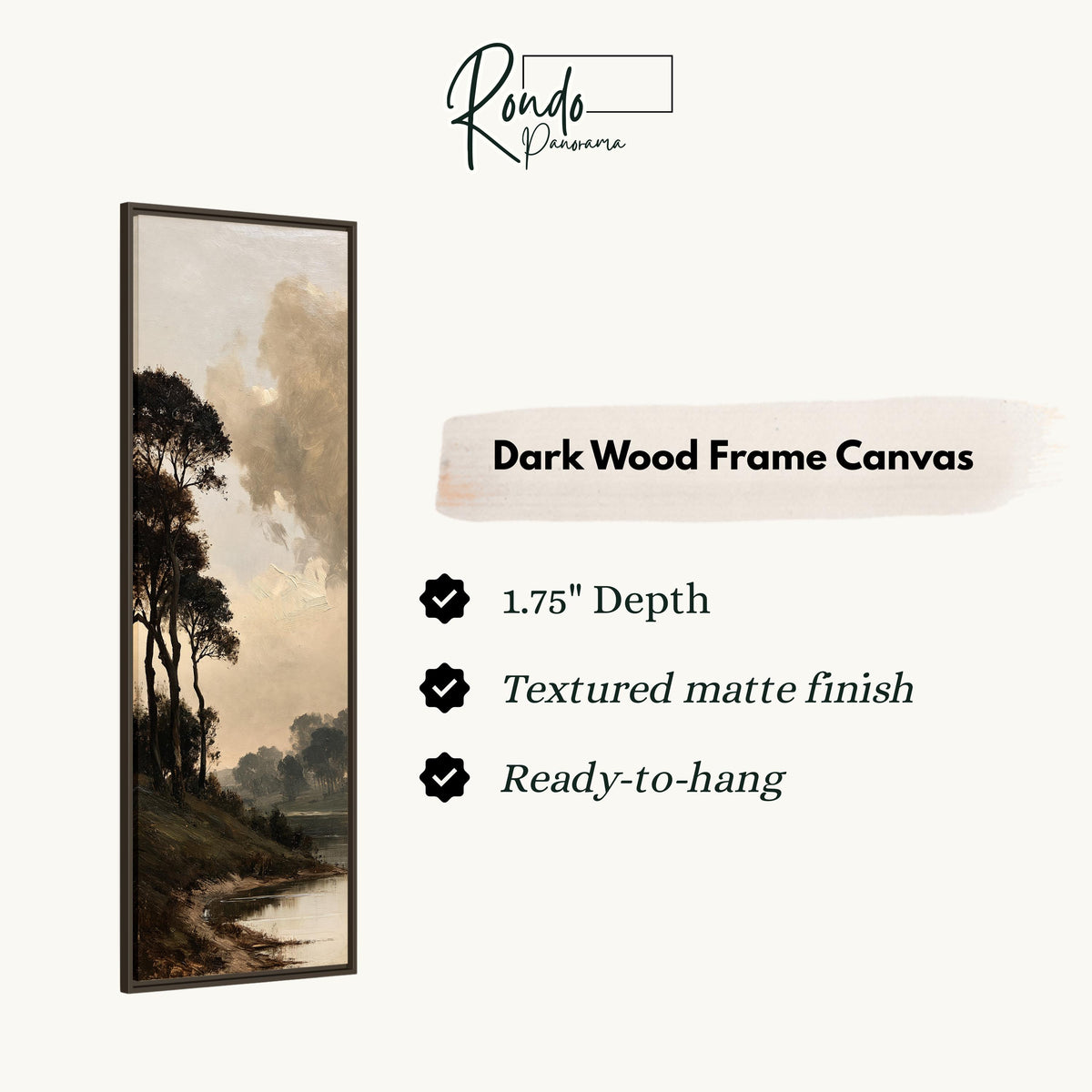 Dark trees by a misty lake in golden brown tones canvas print in a dark wood floating frame