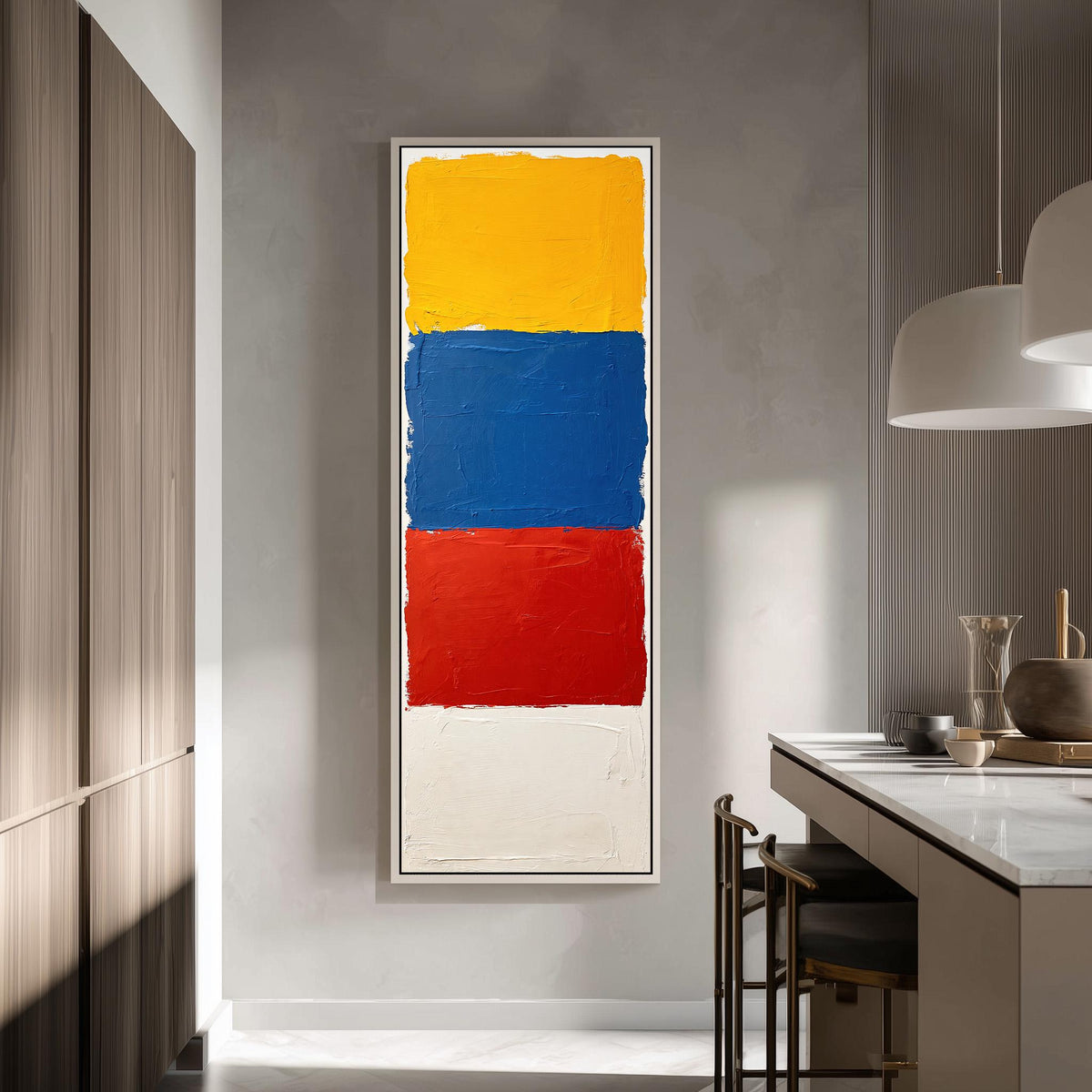 Color field blocks in yellow, blue and red tall skinny canvas print in a modern kitchen