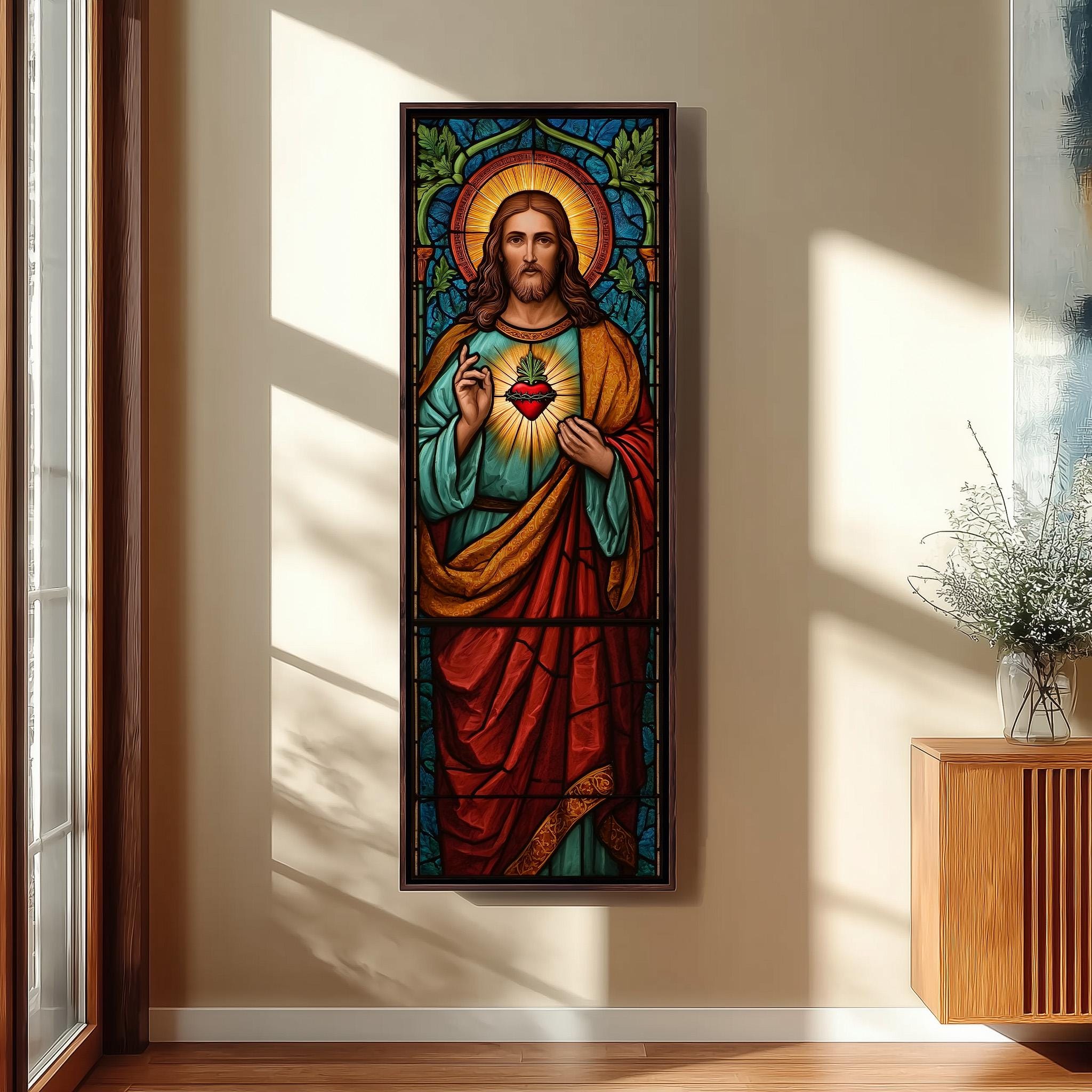 a large, colorful painting of Jesus Christ hanging on a wall.