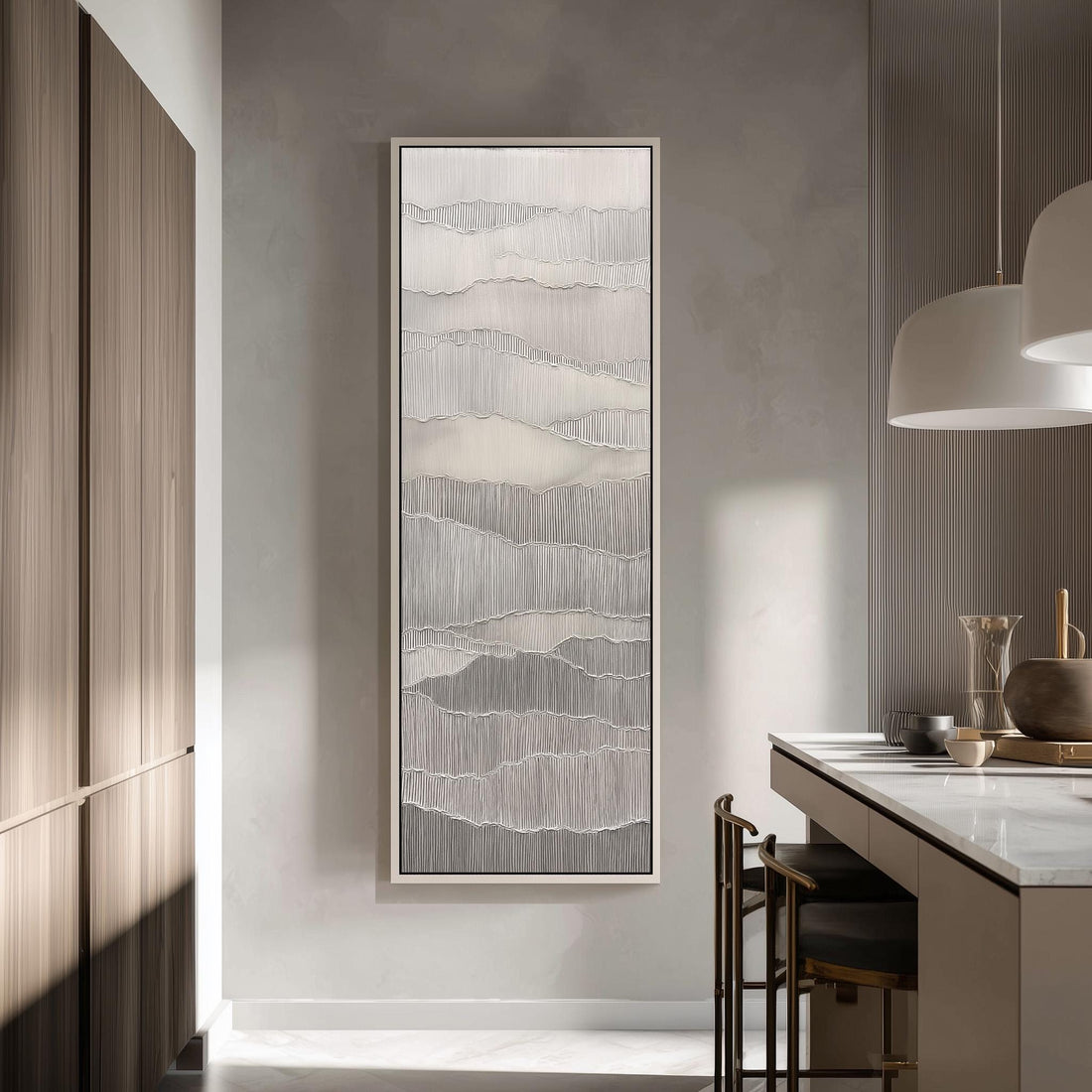 a modern kitchen with a large abstract painting hanging on the wall above a counter. The kitchen has a minimalist design with a white countertop and wooden cabinets.