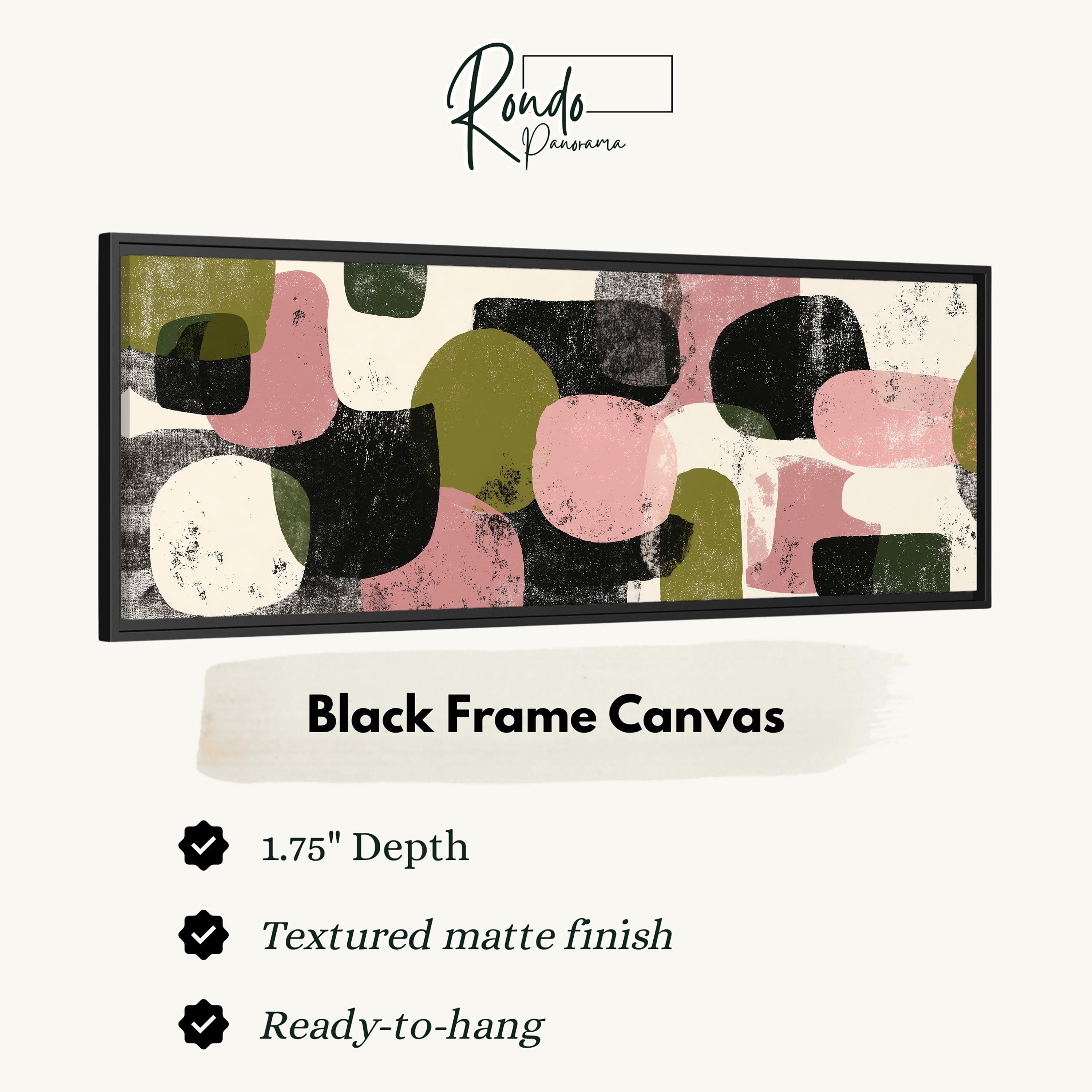 The image is a black frame canvas with a textured matte finish, measuring 1.75" in depth. It is ready to hang and has a textured matte finish.