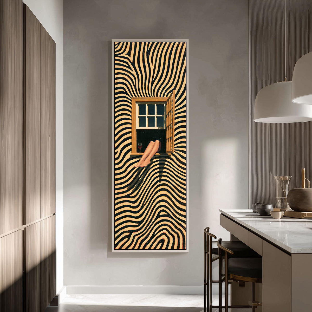 Woman sitting in a window on a swirling striped wall tall skinny canvas print in a modern kitchen