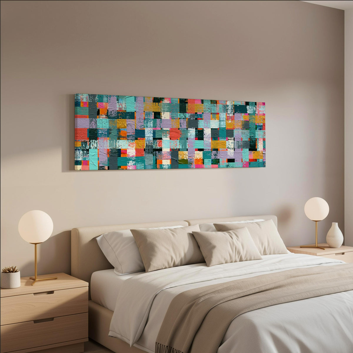 Woven grid of teal and pink blocks wide panoramic canvas print above a bed in a neutral bedroom