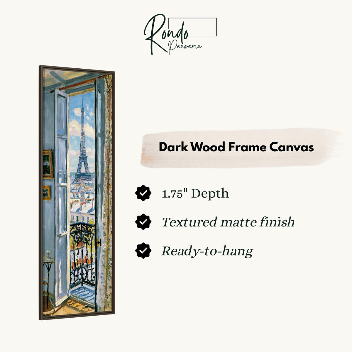 Eiffel Tower through a tall blue window canvas print in a dark wood floating frame