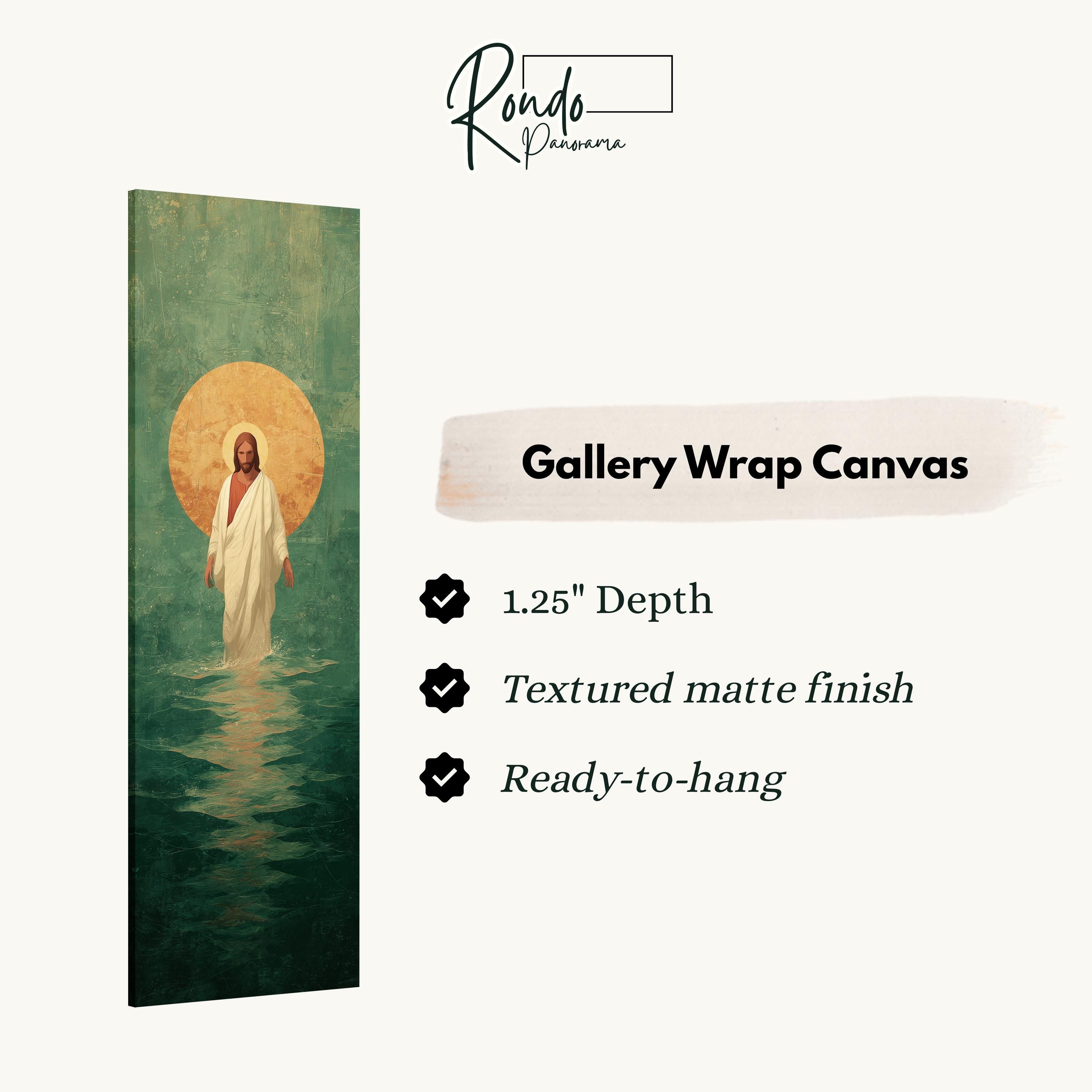 The image is a gallery wrap canvas featuring a painting of Jesus Christ in a green and gold color scheme, with a golden halo above his head.