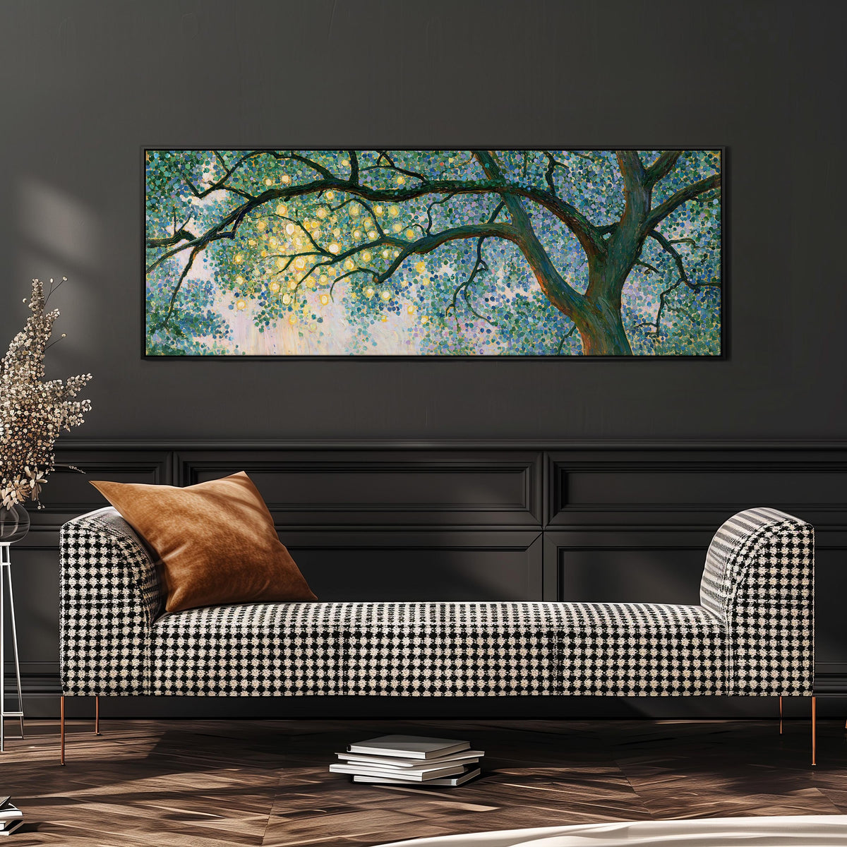 Tree canopy with golden light wide panoramic canvas print above a bench in a dark living room