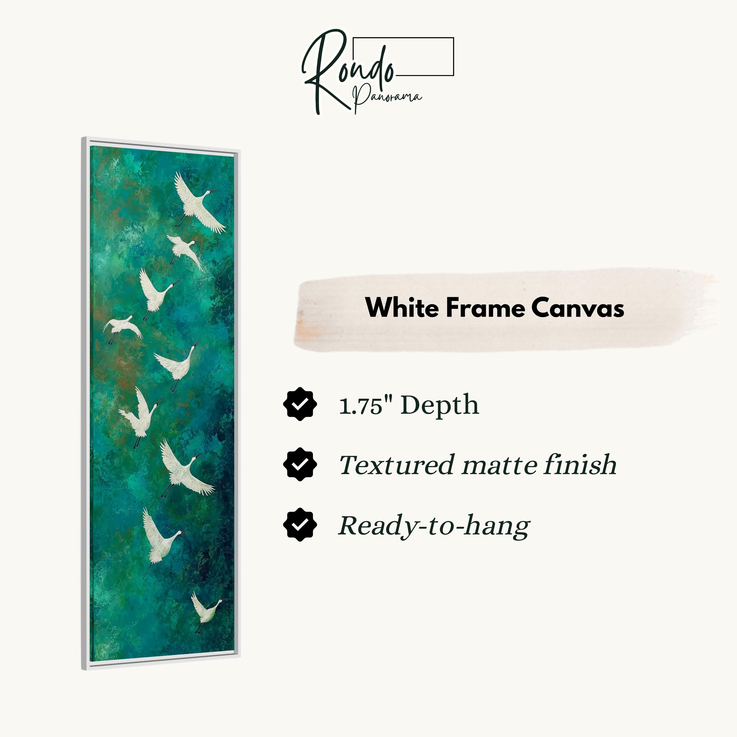 The image is a white frame canvas with a painting of white birds in flight.