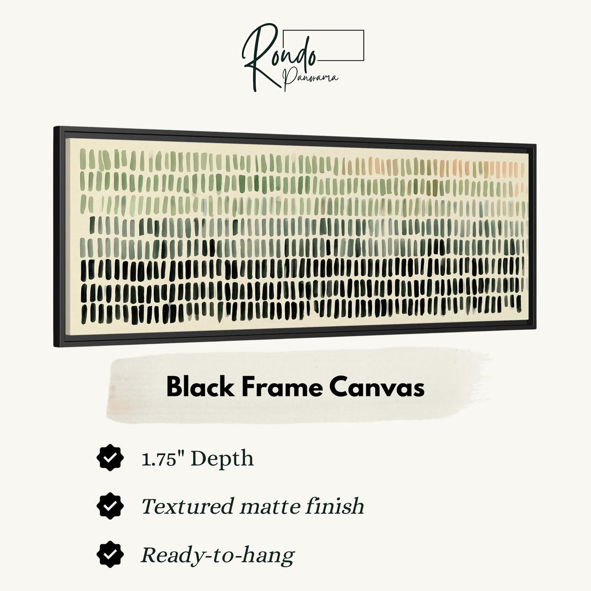 Brushmark dashes fading from sage to charcoal canvas print in a black floating frame