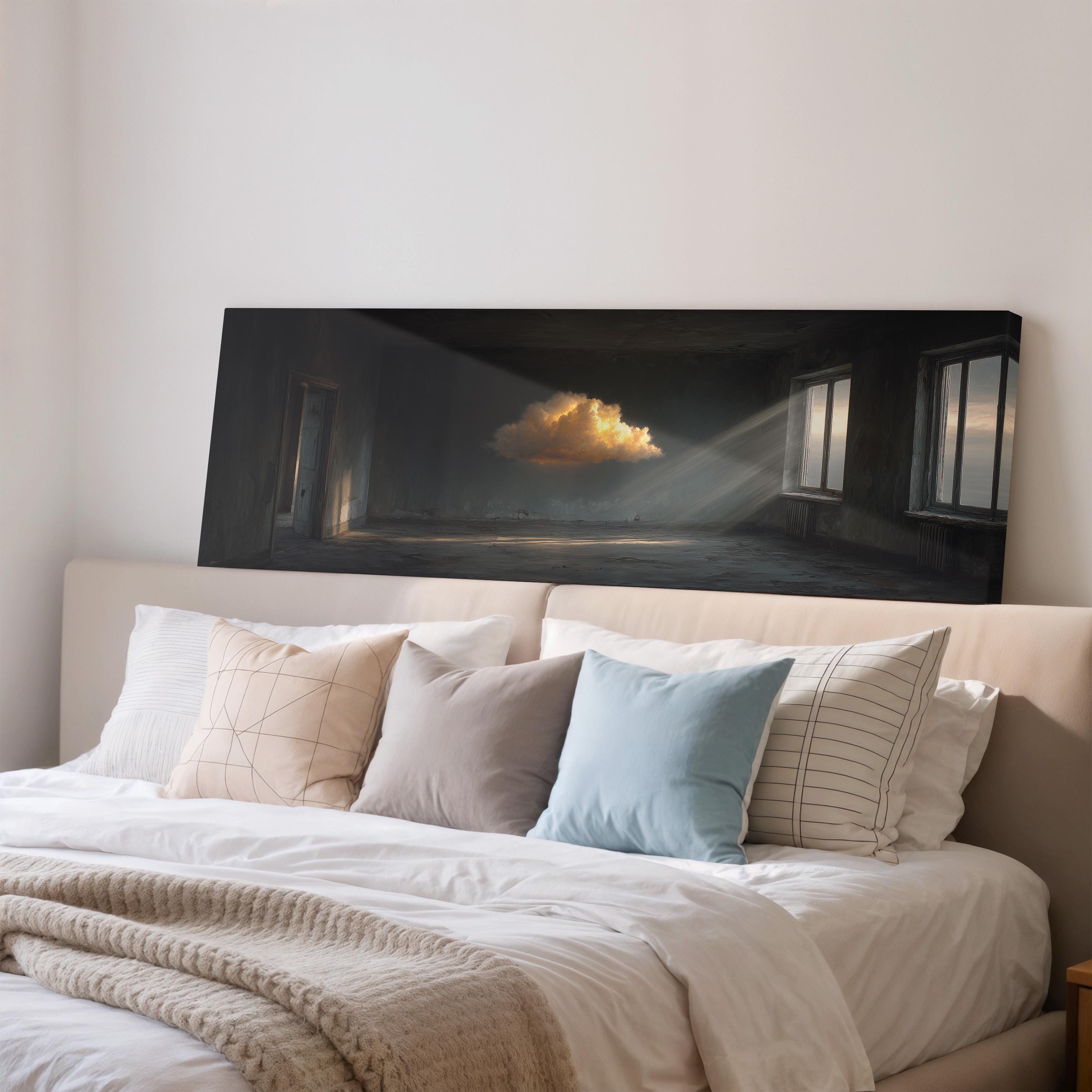a serene bedroom scene with a large bed adorned with white linens and a single blue pillow. Above the bed, a large canvas print features a dramatic cloud formation illuminated by sunlight, creating a striking visual effect.