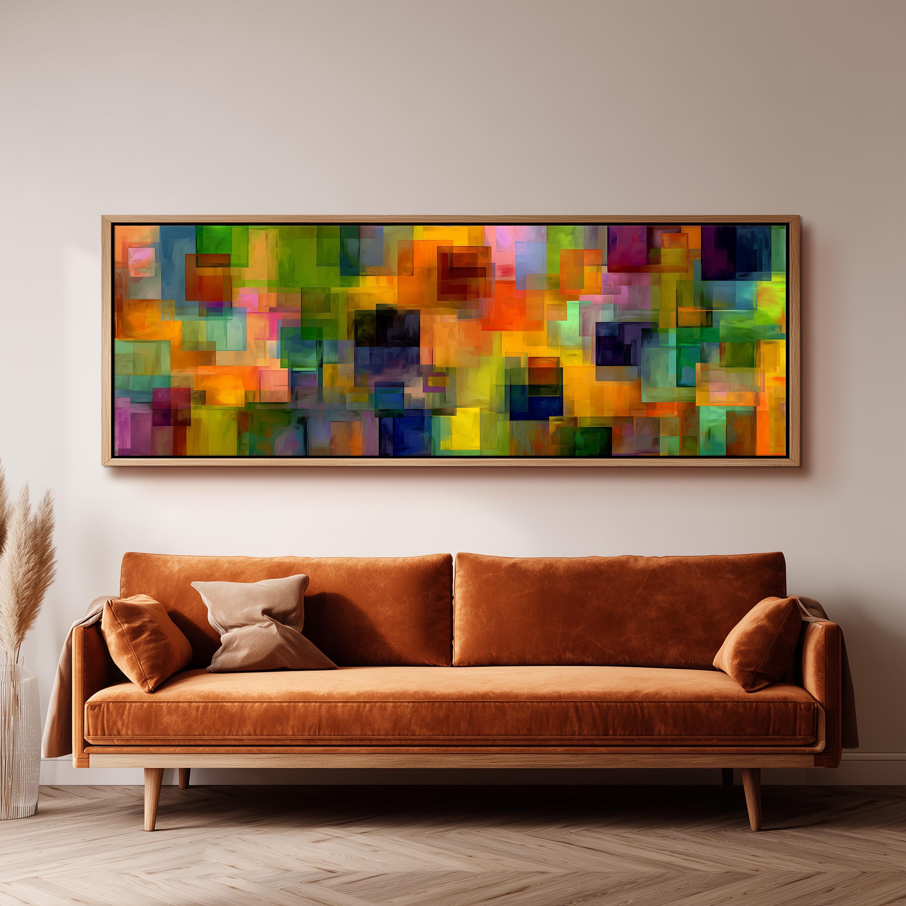 a large, vibrant abstract painting hanging on a wall above a brown sofa in a living room setting.