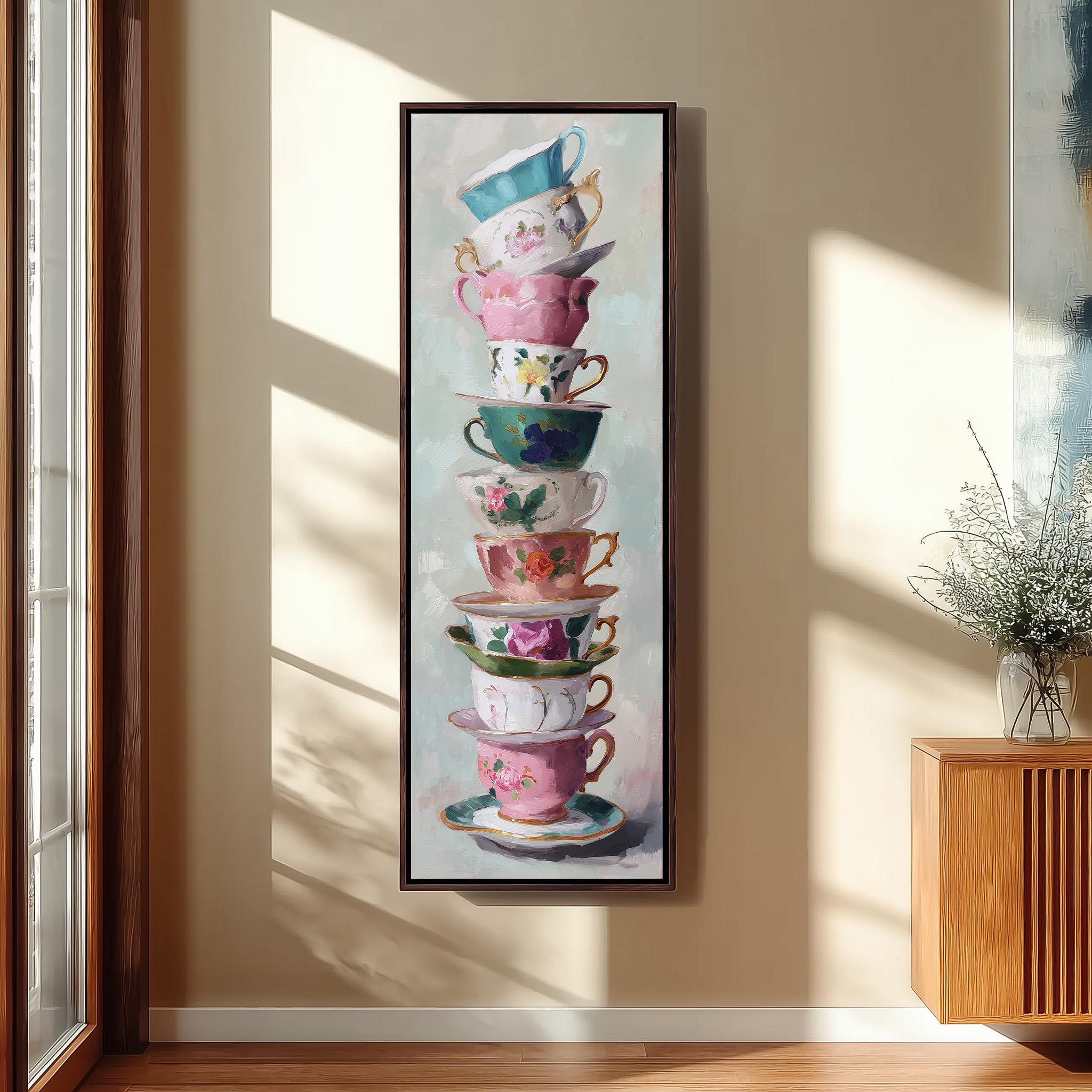 A tall, colorful painting of a stack of teacups on a wall, with various shades of pink, blue, and green cups arranged in a visually appealing manner.