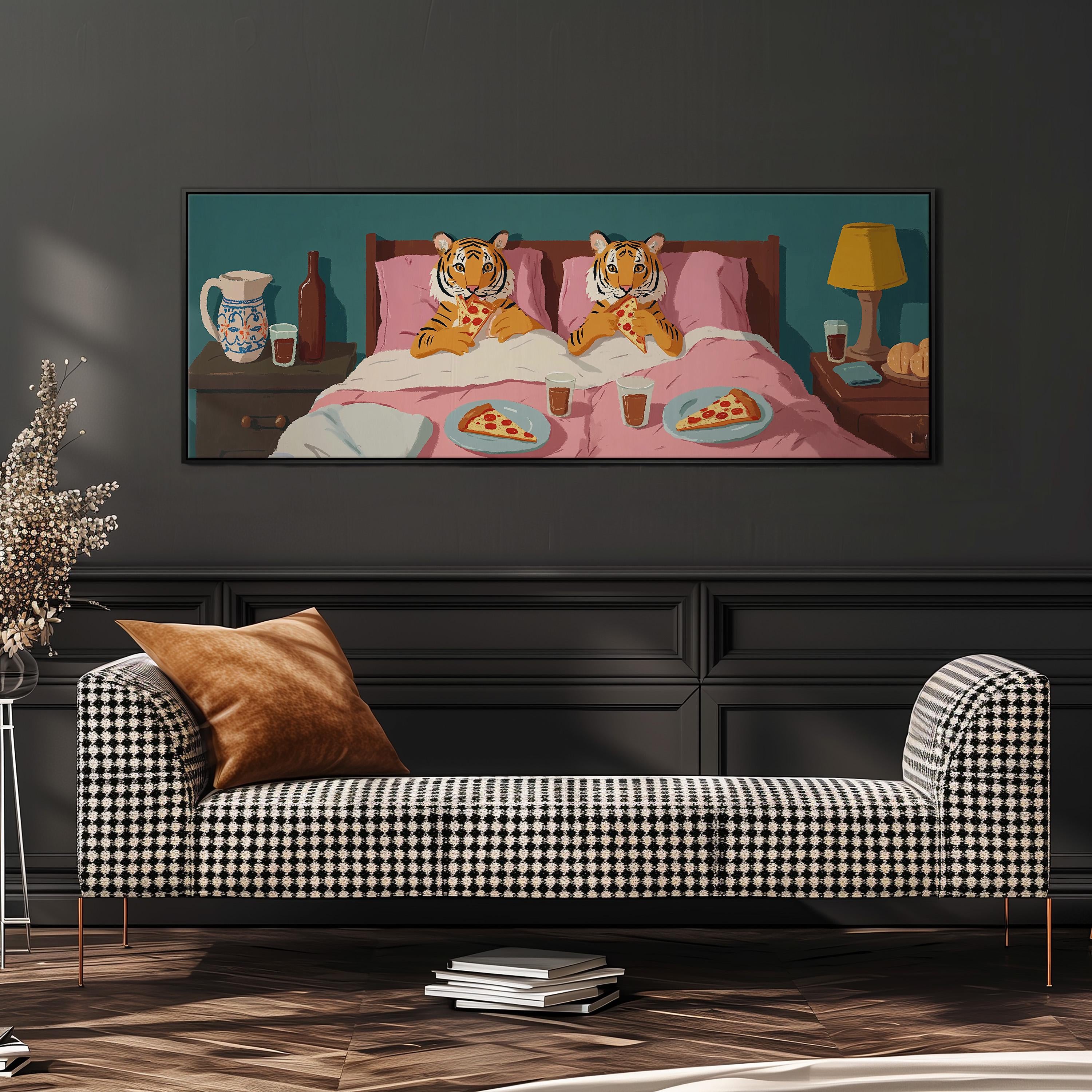 a cozy bedroom scene with two tiger-like creatures lying in bed, enjoying a meal of pizza. The room has a checkered bedspread, a lamp, and a stack of books on the floor.