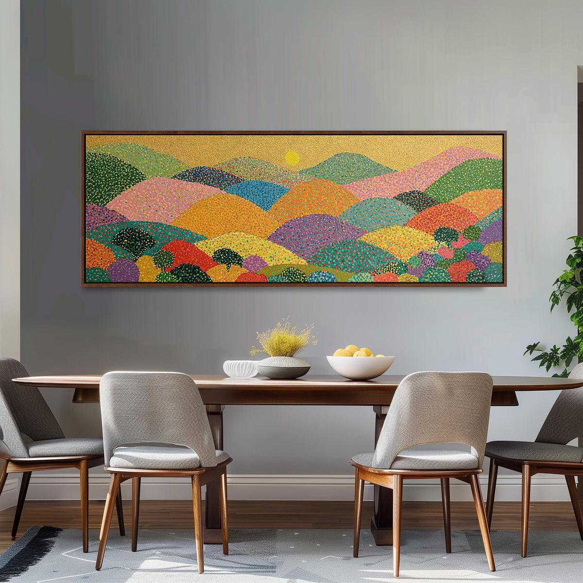 Dotted rainbow hills at sunset long horizontal canvas print above a dining table