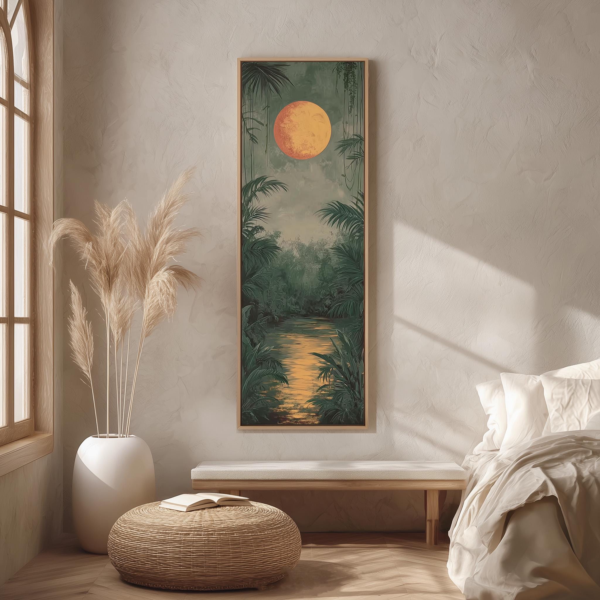 a serene bedroom scene with a large painting of a tropical landscape hanging on the wall, featuring a lush green forest and a large orange sun in the sky.