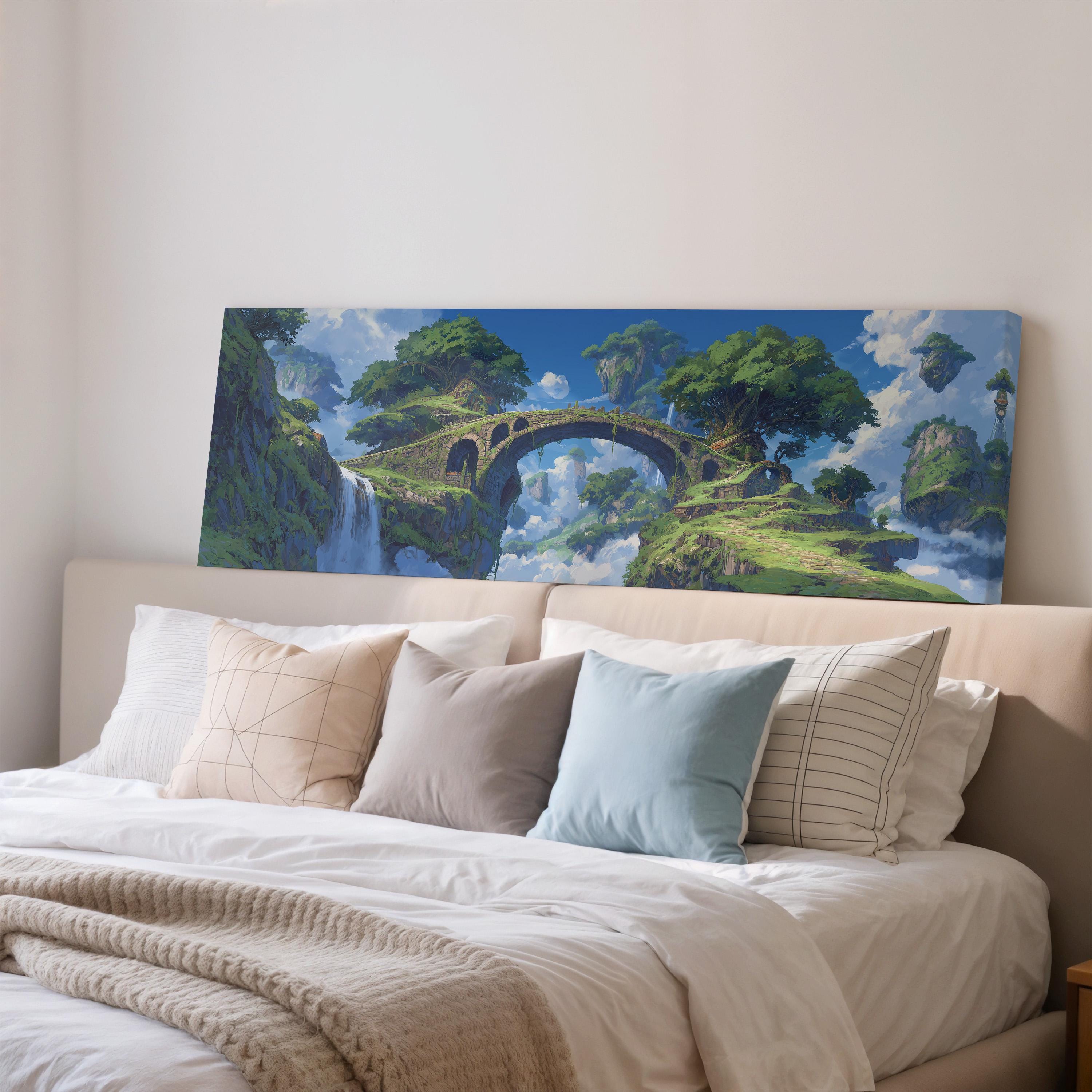 a large painting of a bridge over a waterfall, which is displayed on the wall above a bed with white bedding and pillows.
