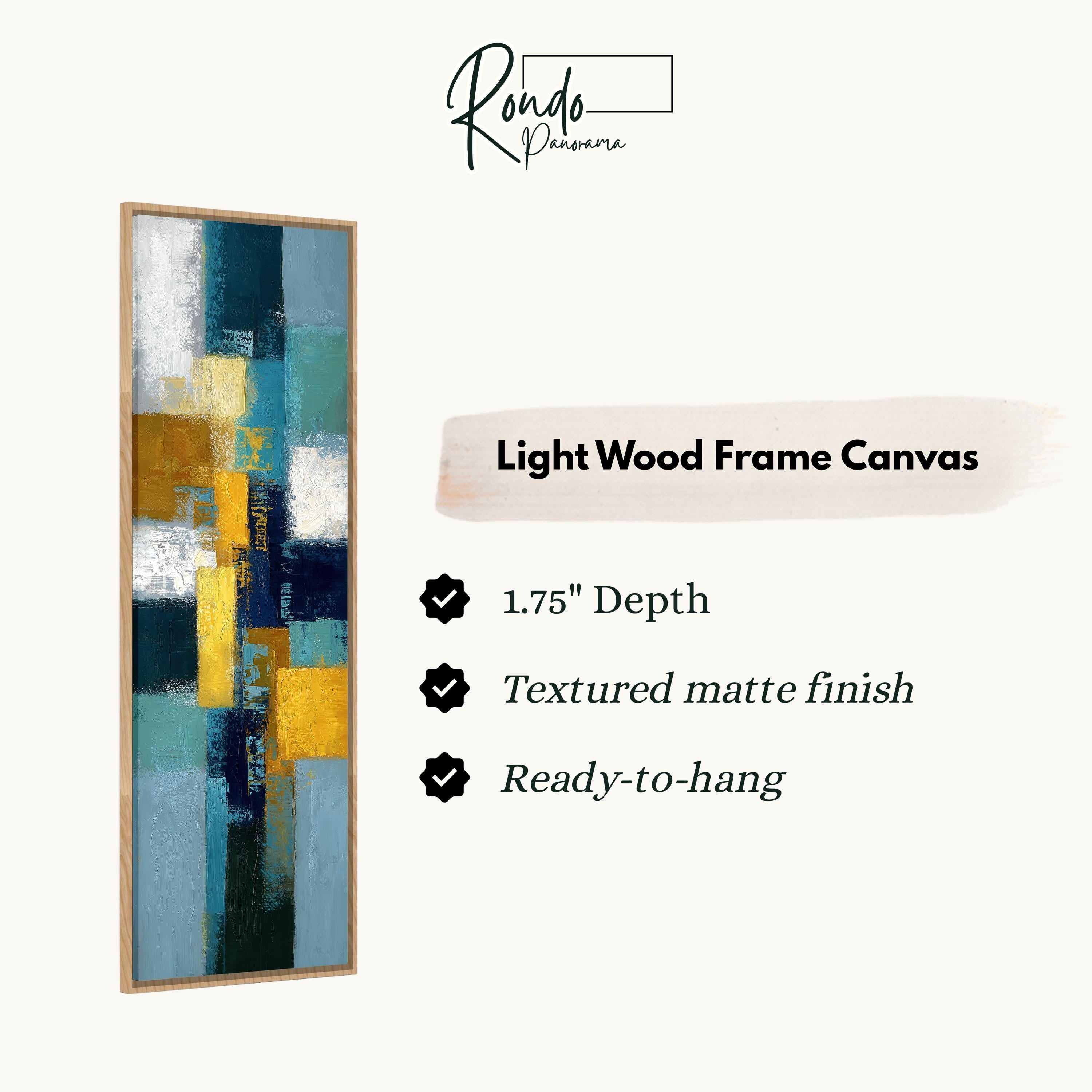 The image is a product advertisement for a light wood frame canvas. It features a vertical painting with a textured finish and a 1.75" depth. The text highlights the features of the canvas, such as the textured matte finish and the readiness to hang.