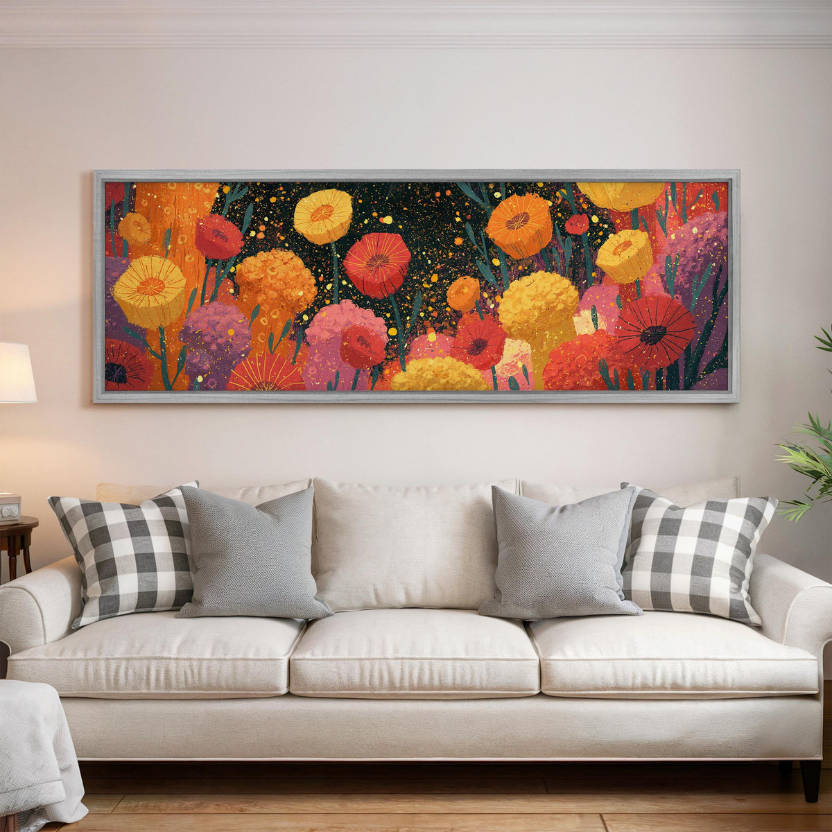 Confetti poppy field panoramic canvas print above a white sofa in a bright living room