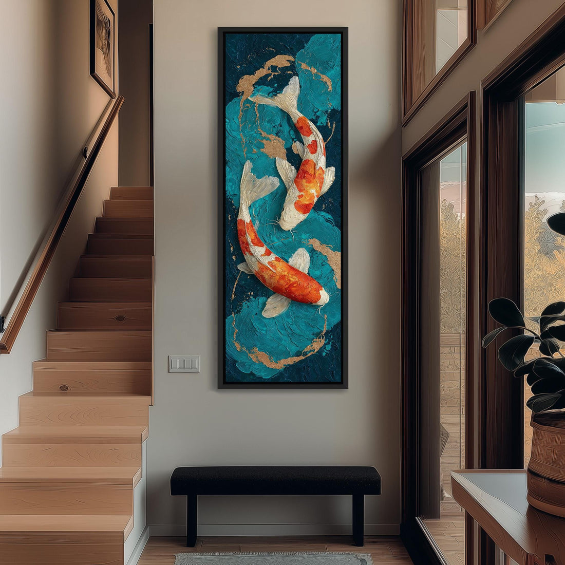 a large painting of two koi fish swimming in a blue and green water scene, hanging on the wall above a black bench in a hallway.
