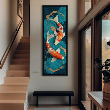 a large painting of two koi fish swimming in a blue and green water scene, hanging on the wall above a black bench in a hallway.