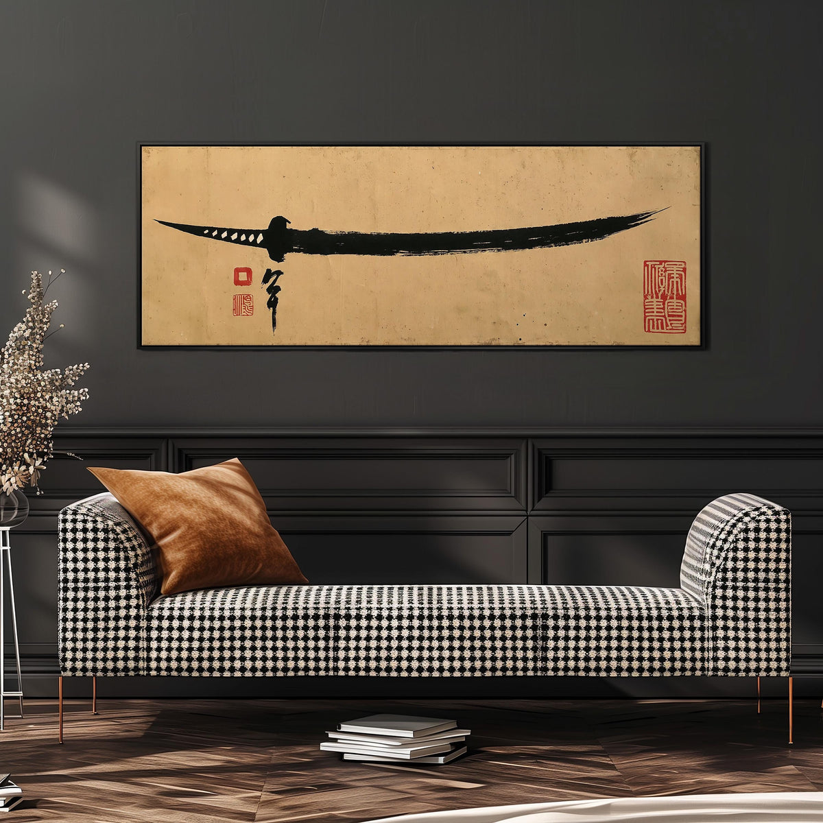 Ink brush katana long horizontal canvas print above a dining table