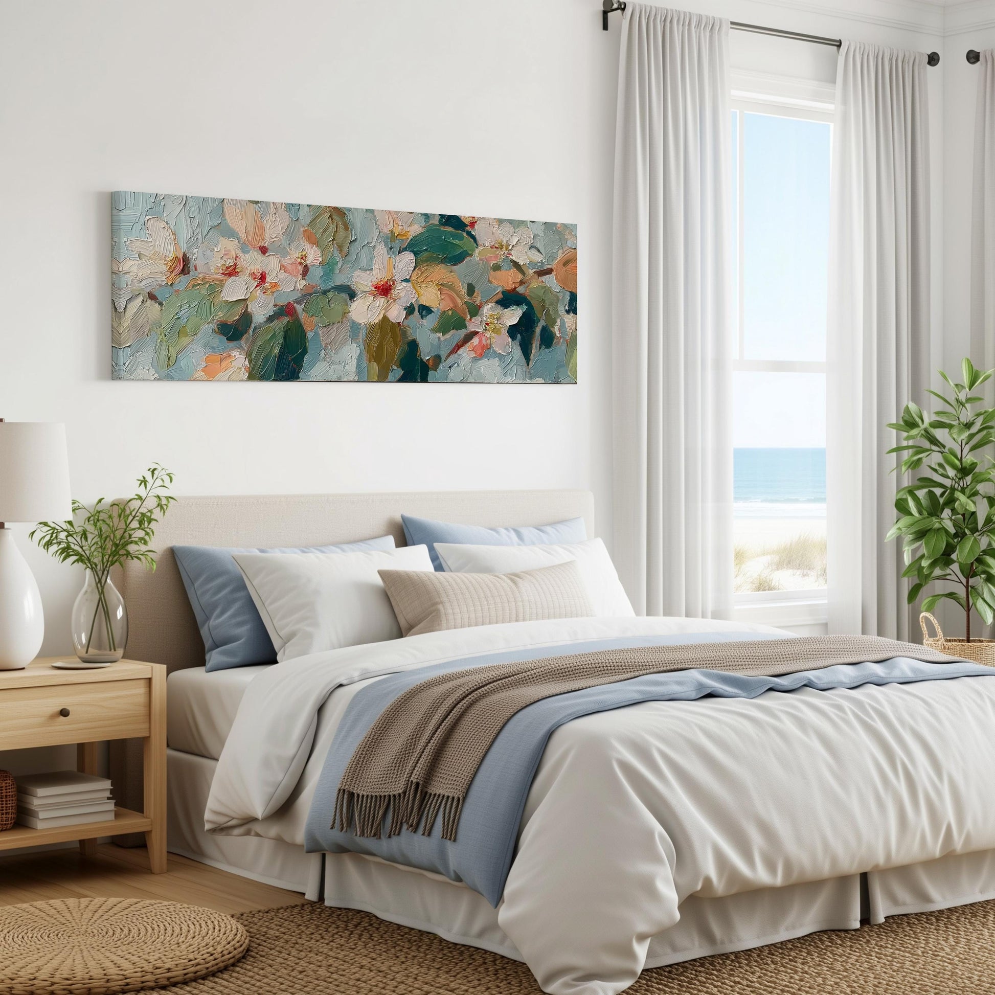 a serene and well-decorated bedroom with a large bed, a nightstand, and a painting of flowers on the wall.