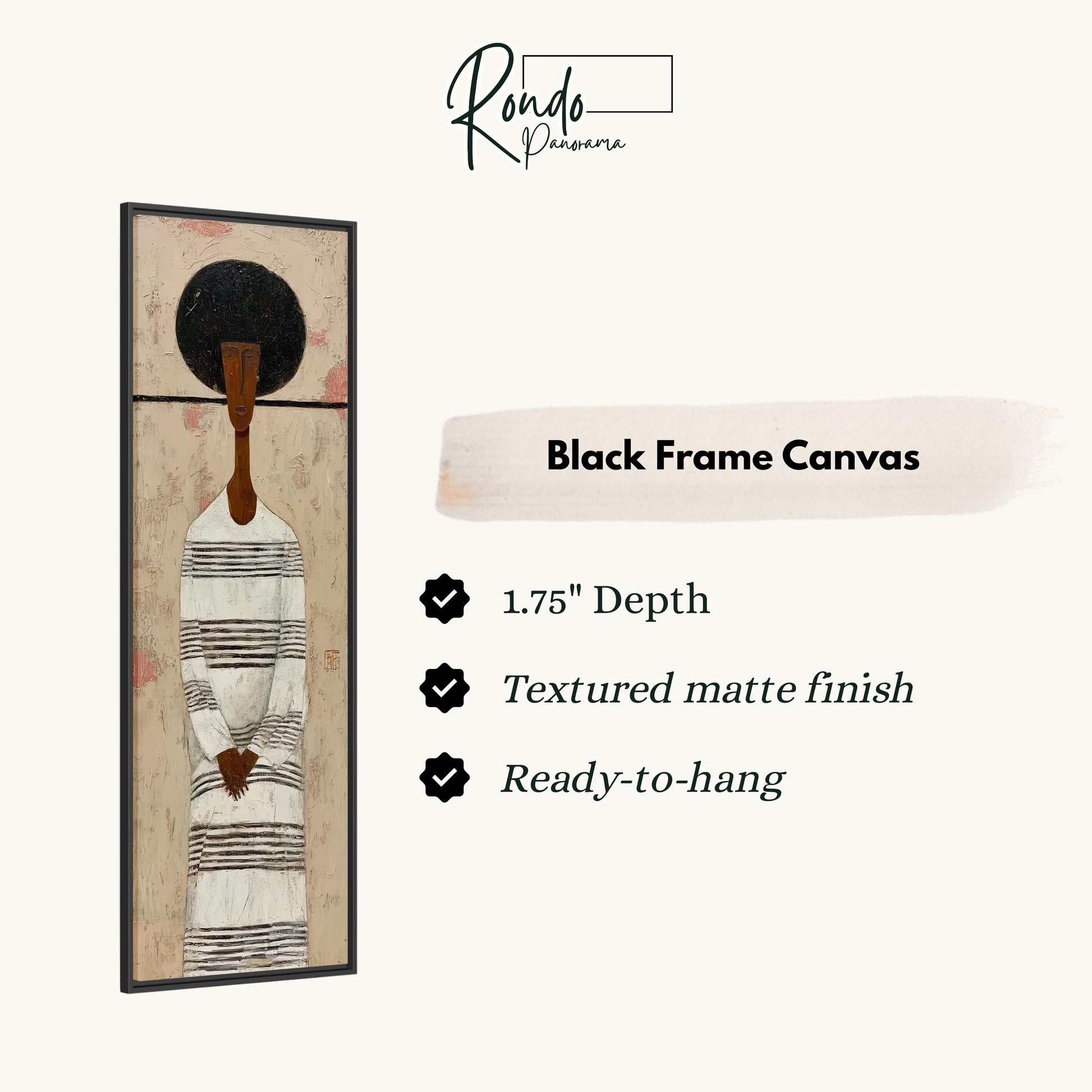 The image is a black frame canvas depicting a stylized woman with a black headdress.