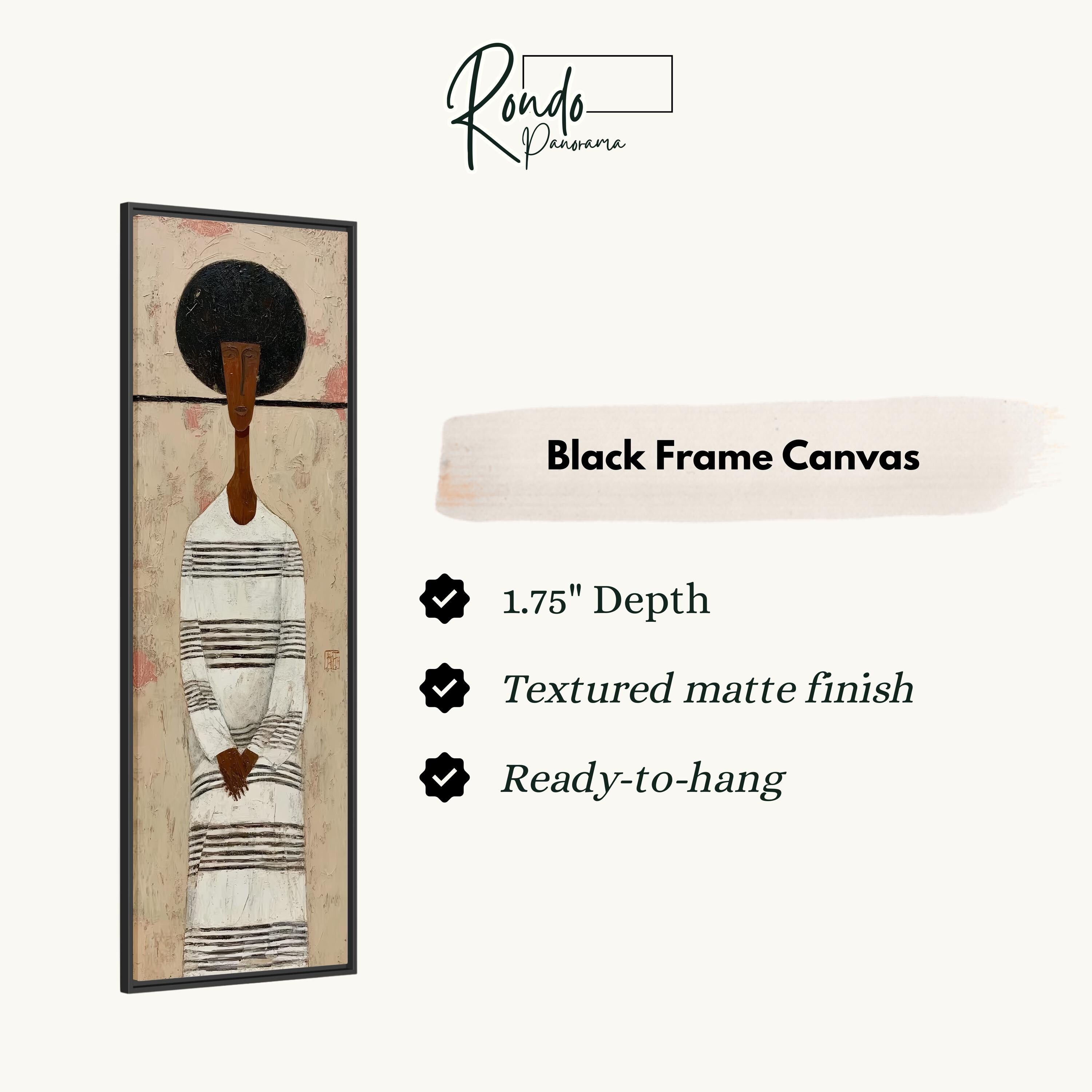 The image is a black frame canvas depicting a stylized woman with a black headdress.