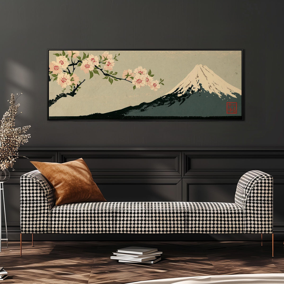 Cherry blossom branch and Mount Fuji wide panoramic canvas print above a bench in a dark living room
