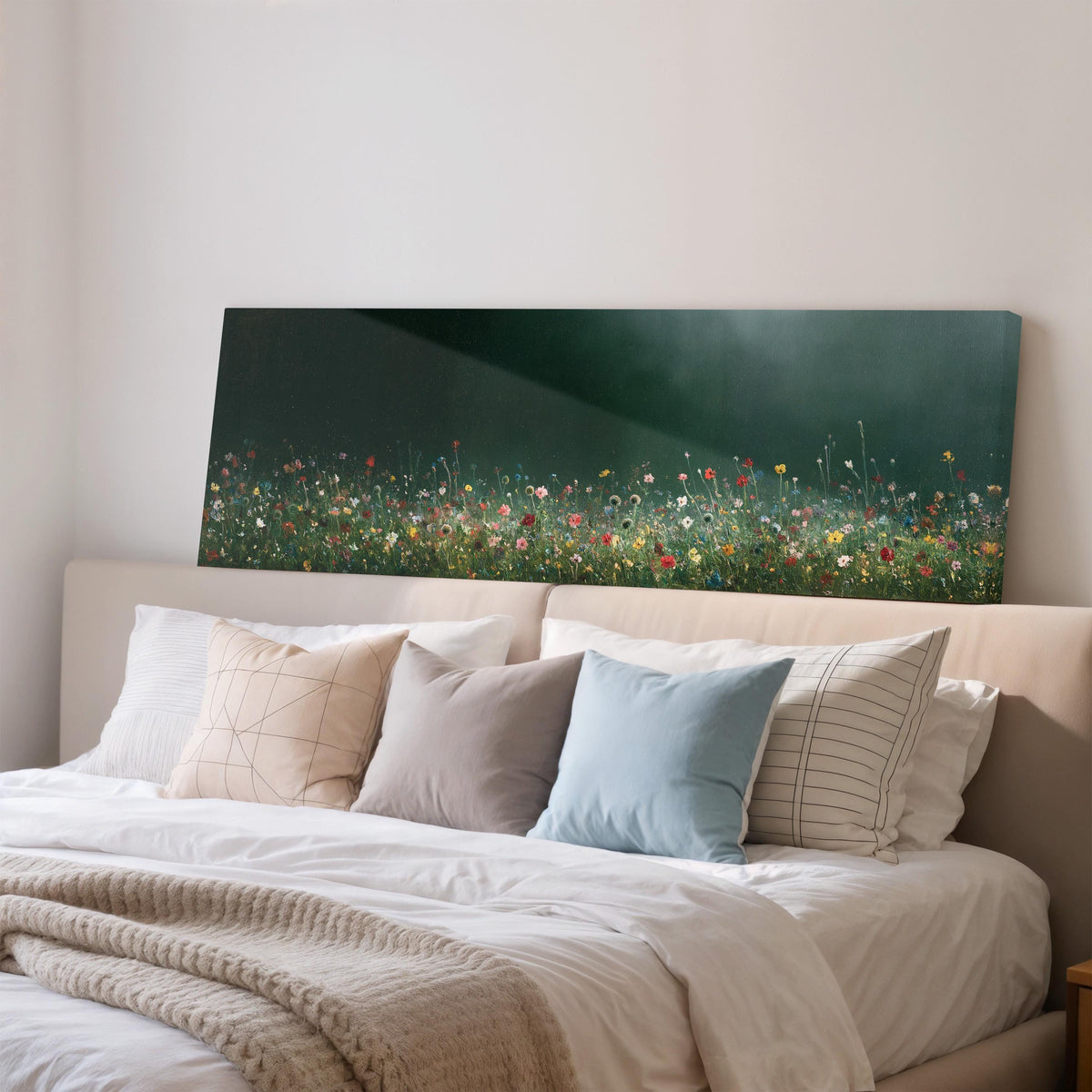 Wildflower field under a misty teal sky wide panoramic canvas print above a bed in a bedroom