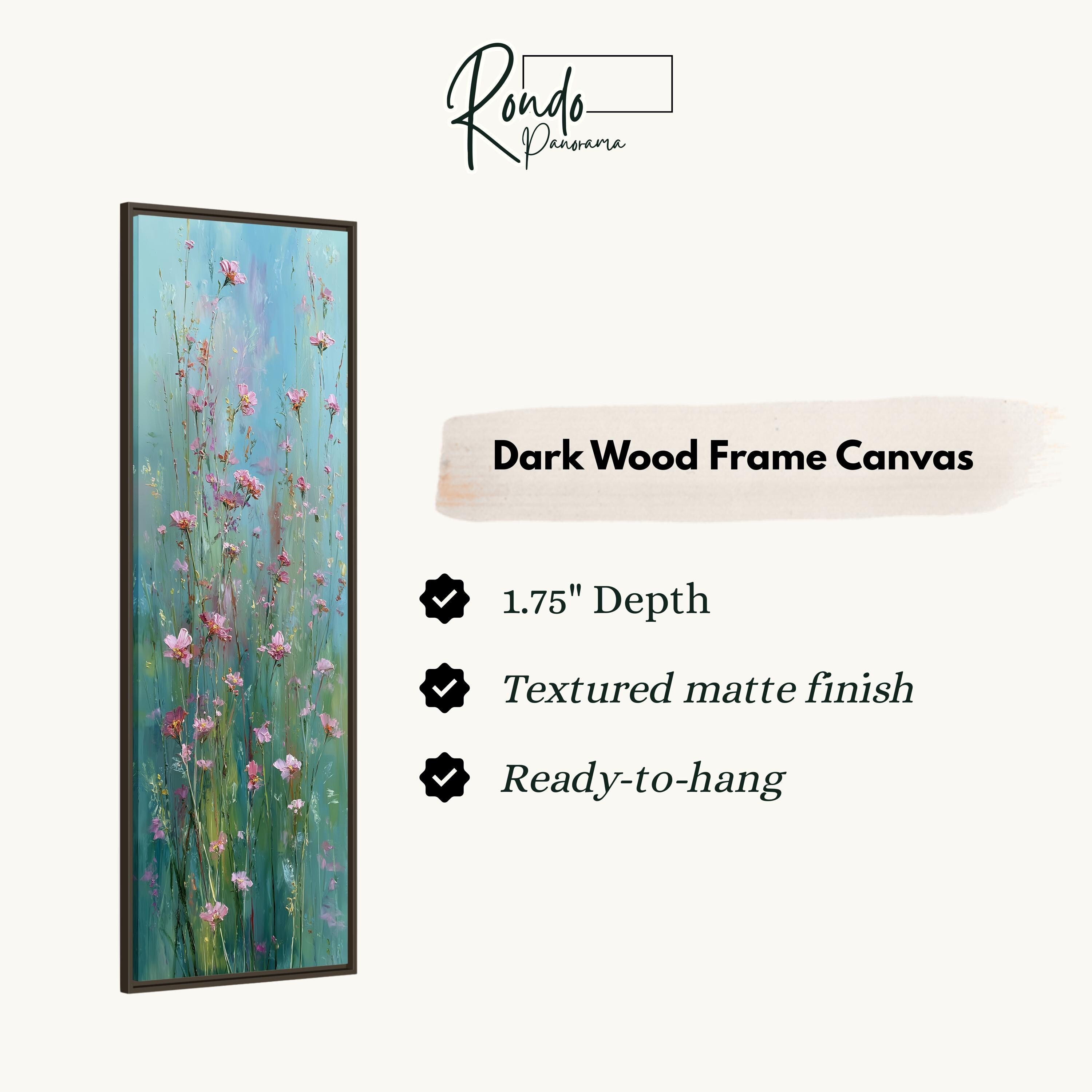 The image is a rectangular dark wood frame canvas with a painting of pink flowers on it. The canvas has a 1.75" depth and is textured with a matte finish, making it ready to hang.