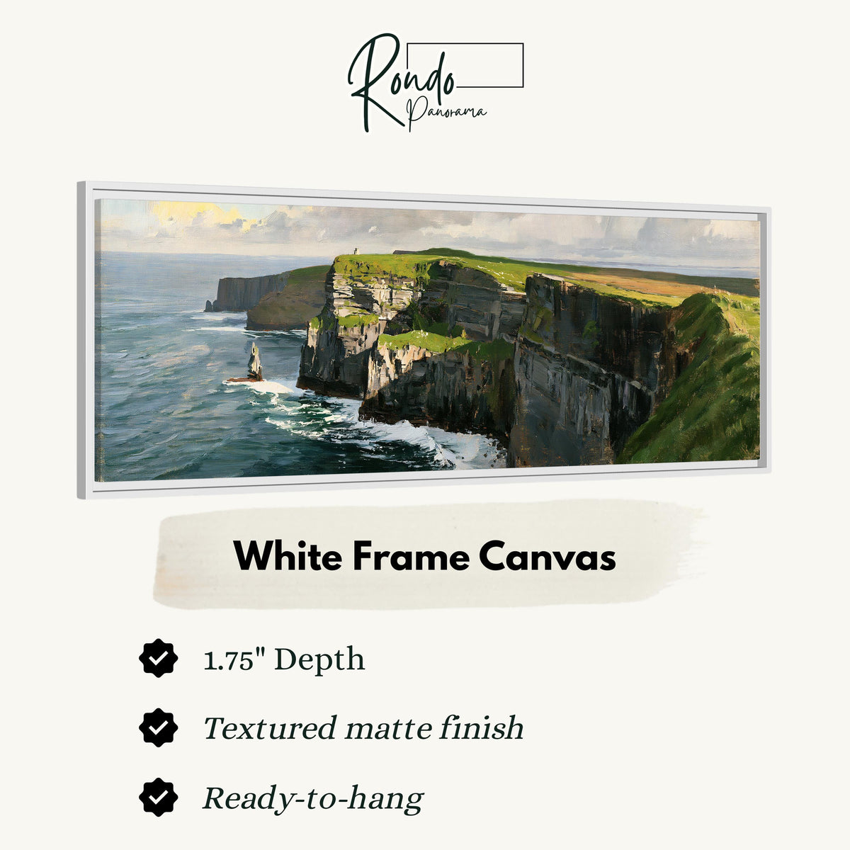 Sunlit sea cliffs with a sea stack canvas print in a white floating frame