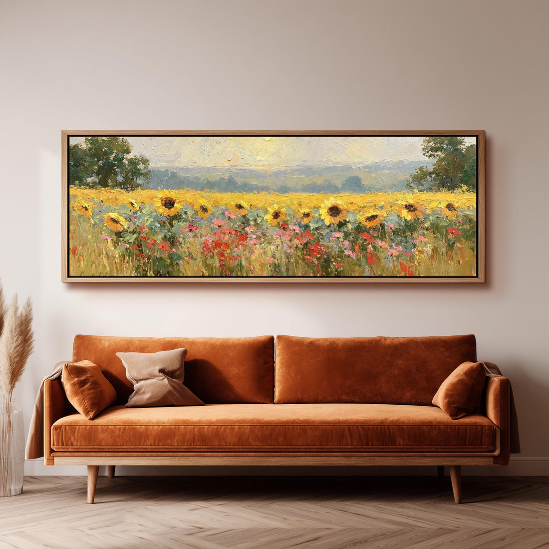 Sunflower and poppy meadow long horizontal canvas print above a sofa in a living room