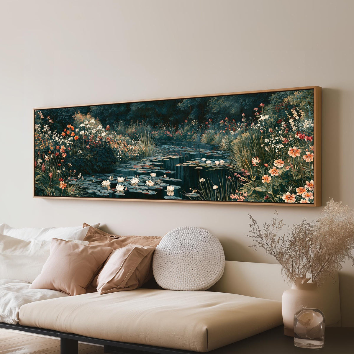 Lily pond surrounded by wildflowers long horizontal canvas print above a sofa in a living room