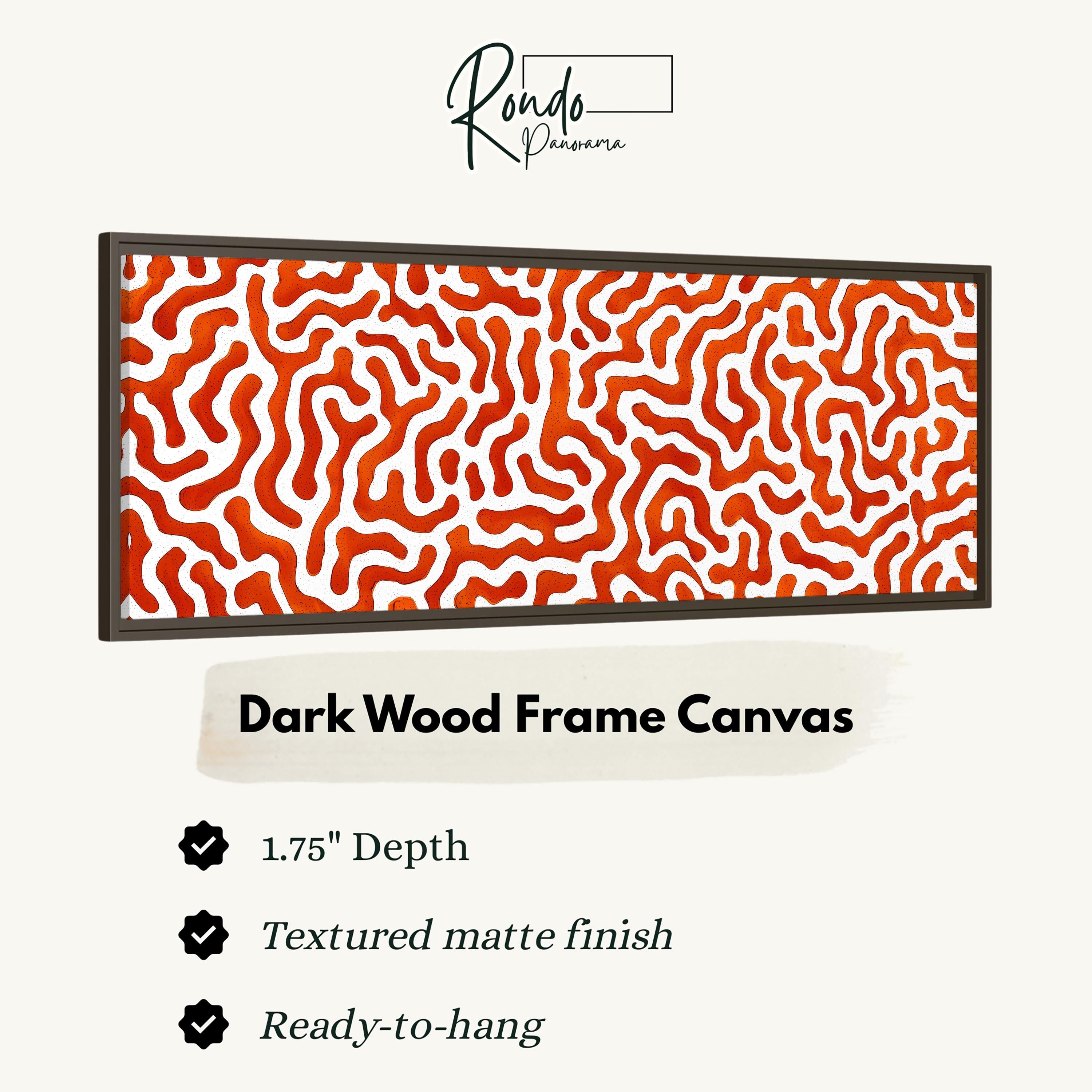 a dark wood frame canvas with a marbled pattern in shades of orange and white. The frame has a 1.75" depth and is textured with a matte finish. It is ready to hang.