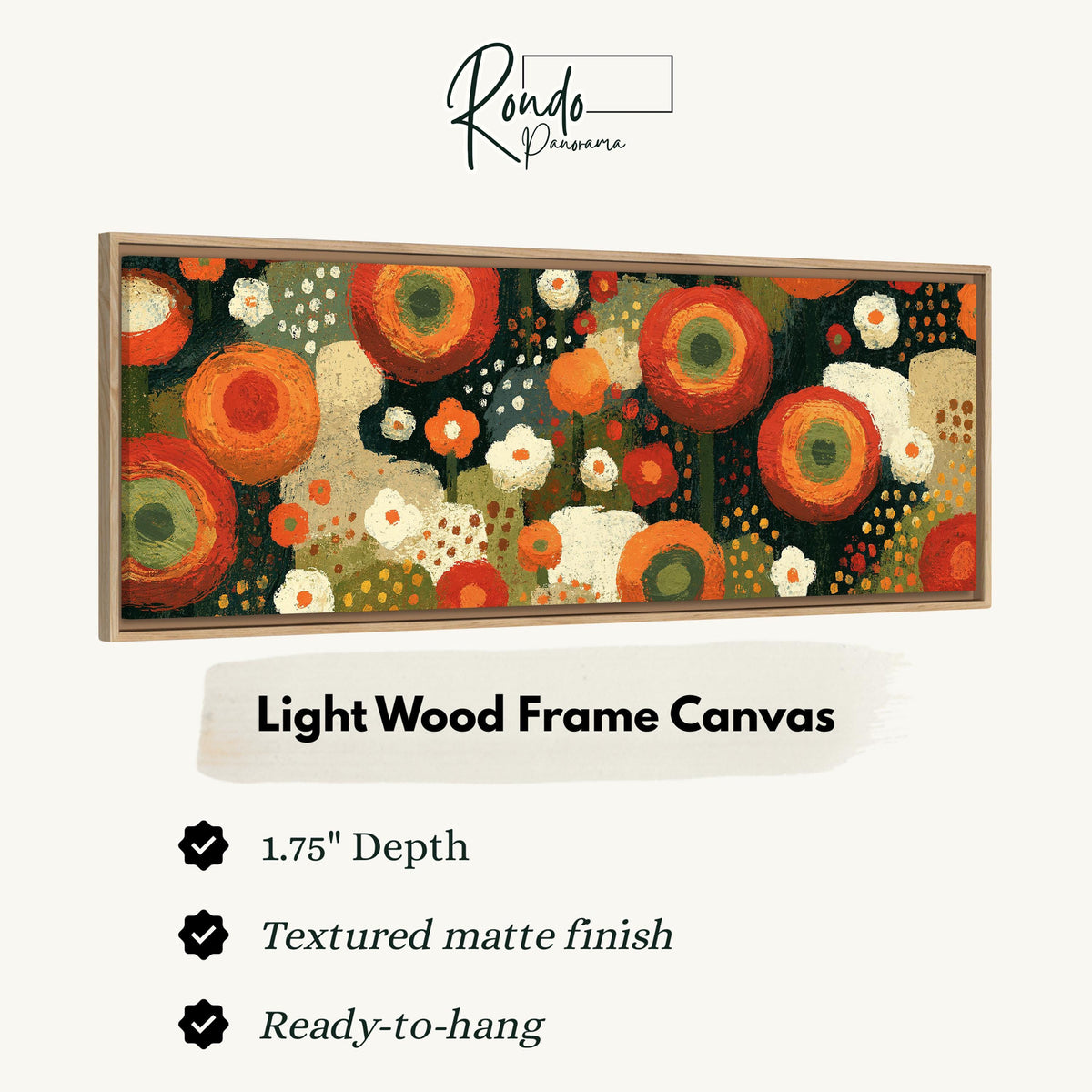 Concentric poppy rings canvas print in a light wood floating frame