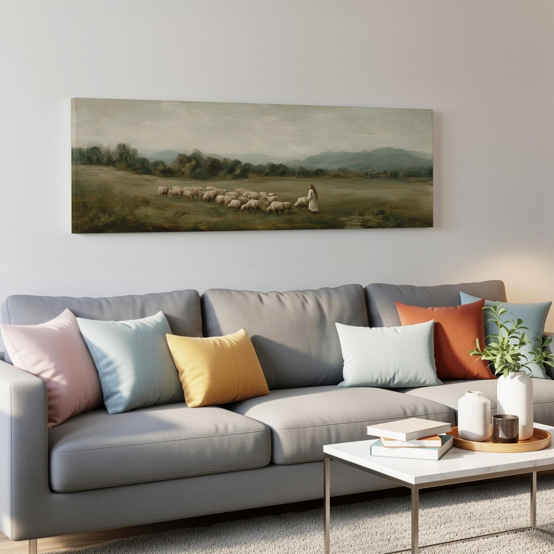 a living room with a gray sofa adorned with colorful throw pillows, a coffee table, and a painting of a pastoral scene hanging on the wall above the sofa.
