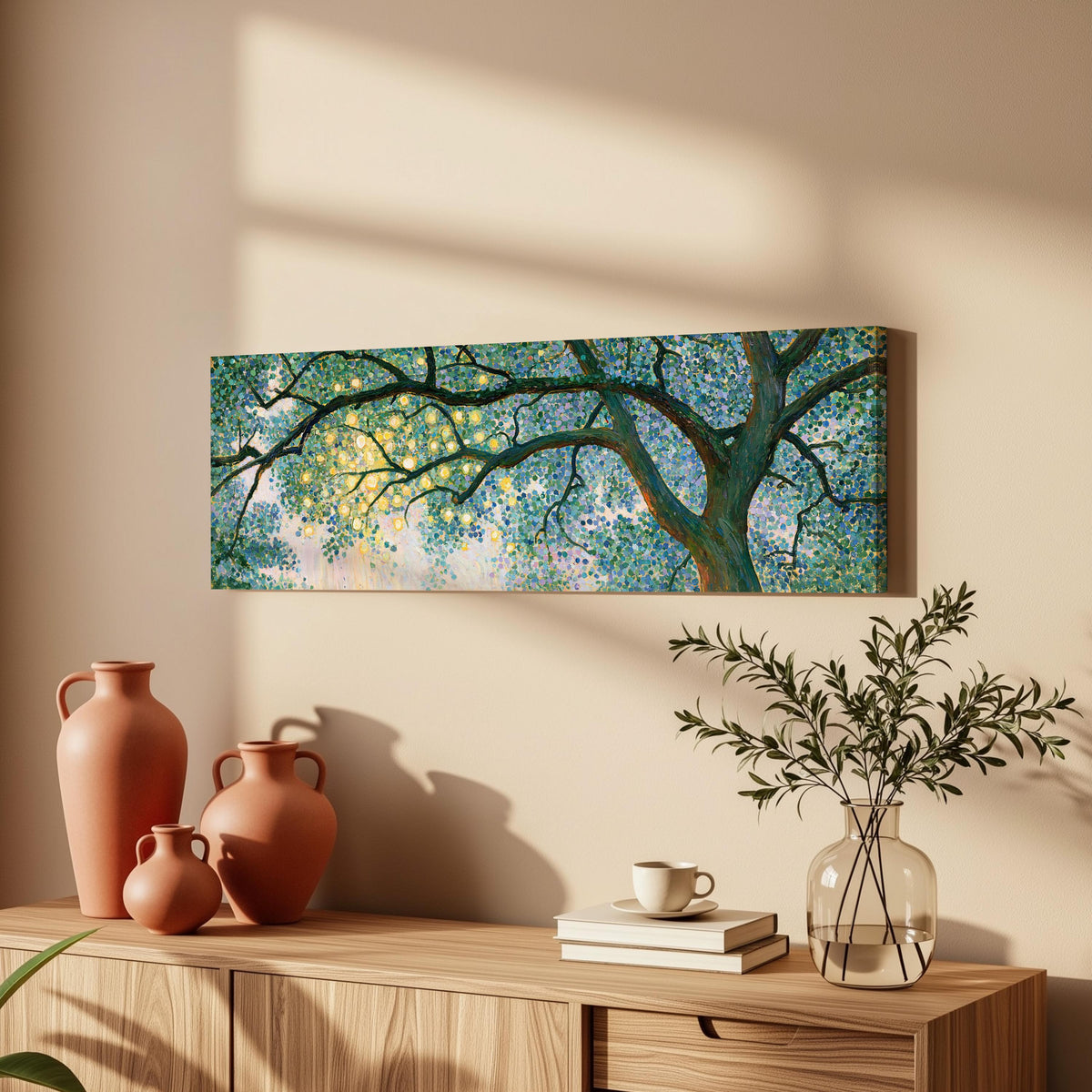 Tree canopy with golden light long horizontal canvas print above a wooden sideboard