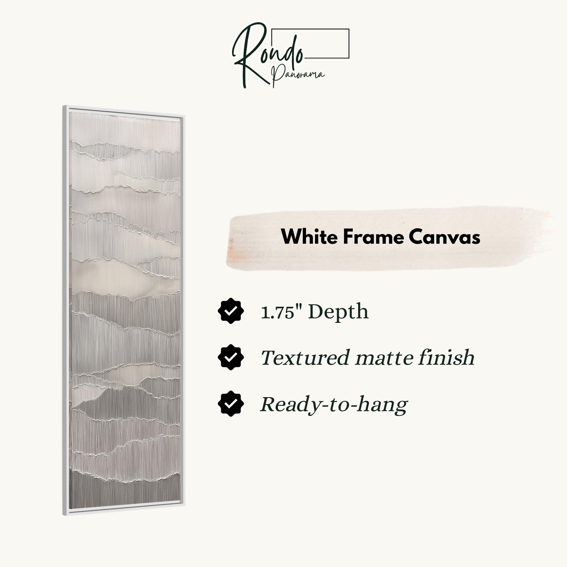 The image is a product description for a white frame canvas. It features a vertical text box with information about the product, including its dimensions, finish, and hanging options.