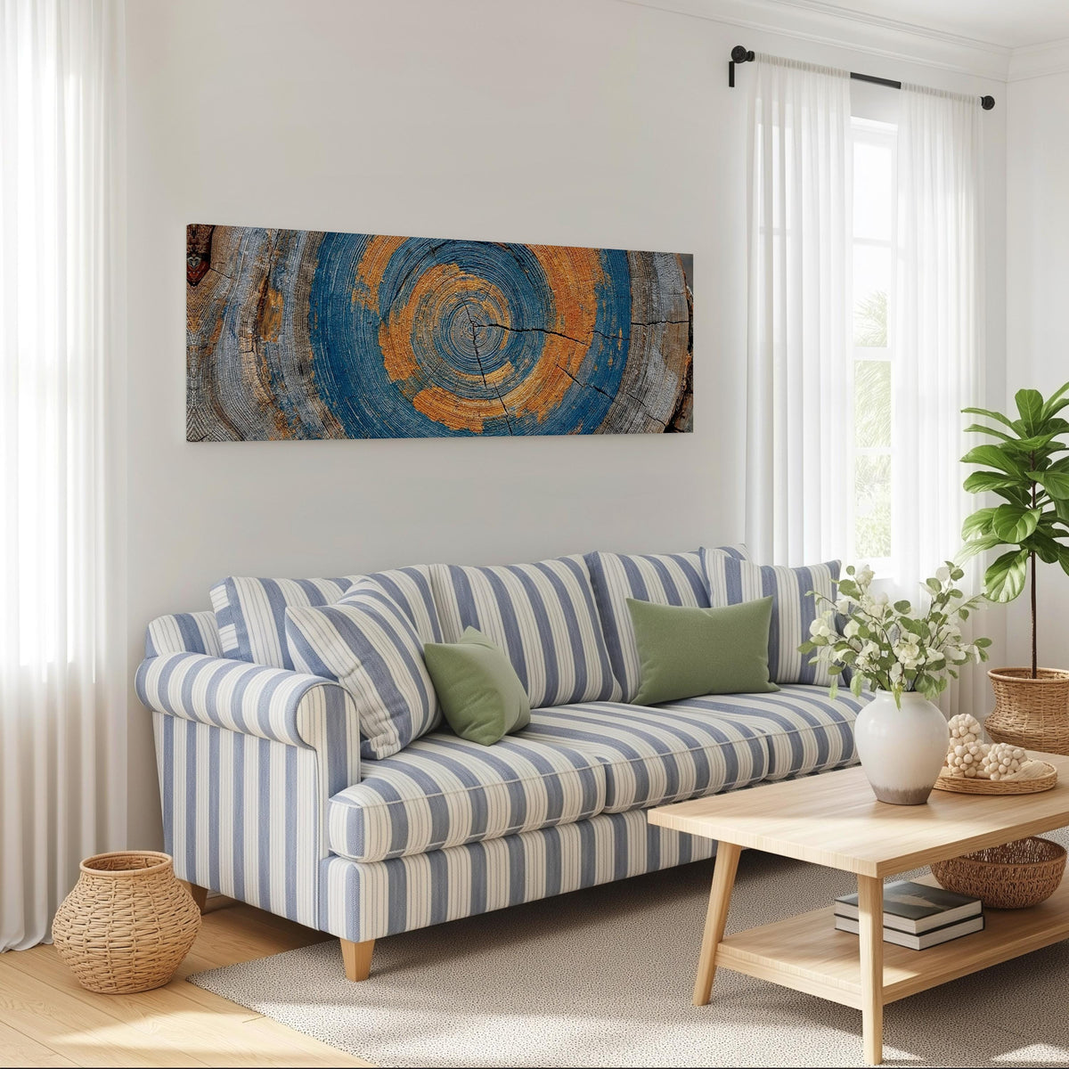 Blue and orange tree ring long horizontal canvas print above a striped sofa in a coastal living room
